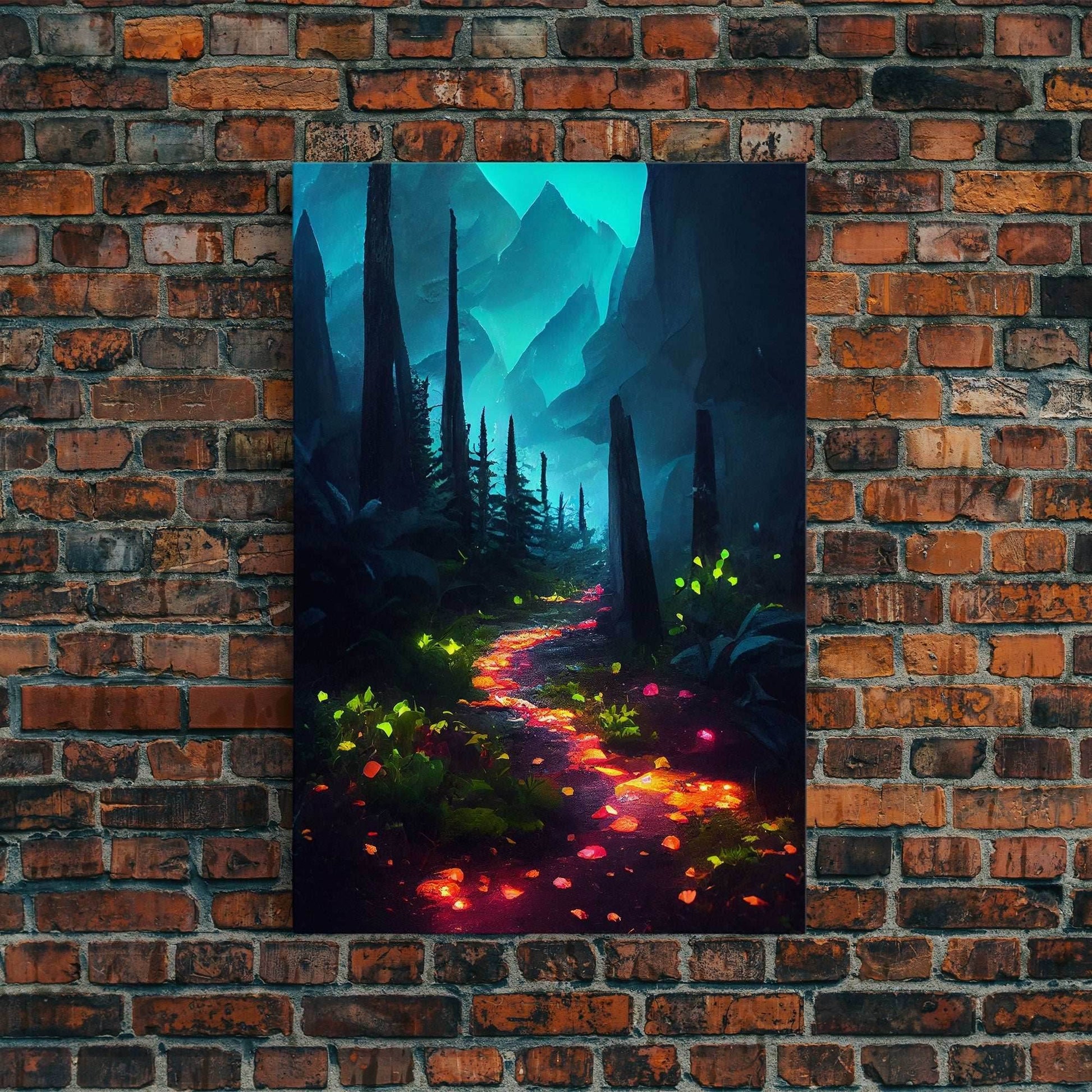 Luminescent magical forest poster art, fine art print, glowing trail though the trees, fantasy art, gloomy wall art, dark decor - 8x12 Inches / Gallery Wrap Canvas - Ready To Hang