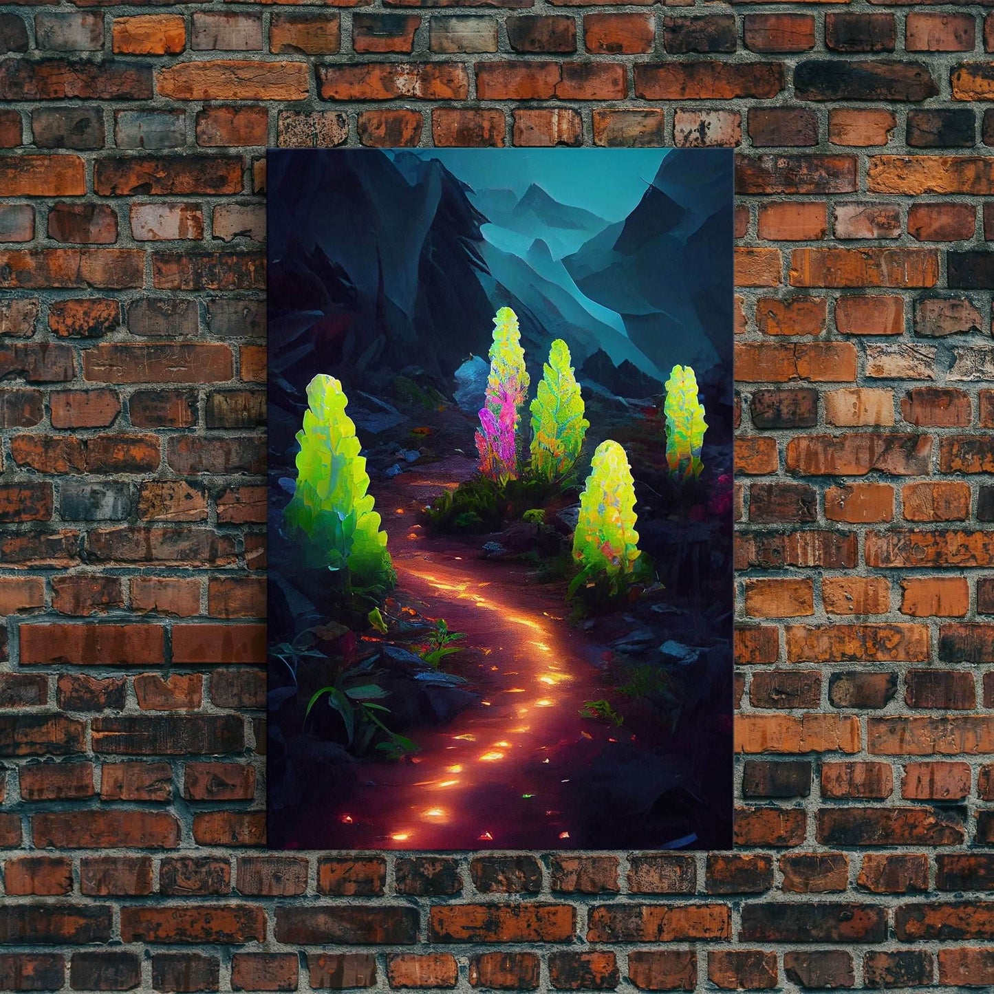 Magical forest canvas print, glowing mushroom art, fantasy forest wall art, gloomy dark home decor, luminescent forest trail wall art - 8x12 Inches / Gallery Wrap Canvas - Ready To Hang