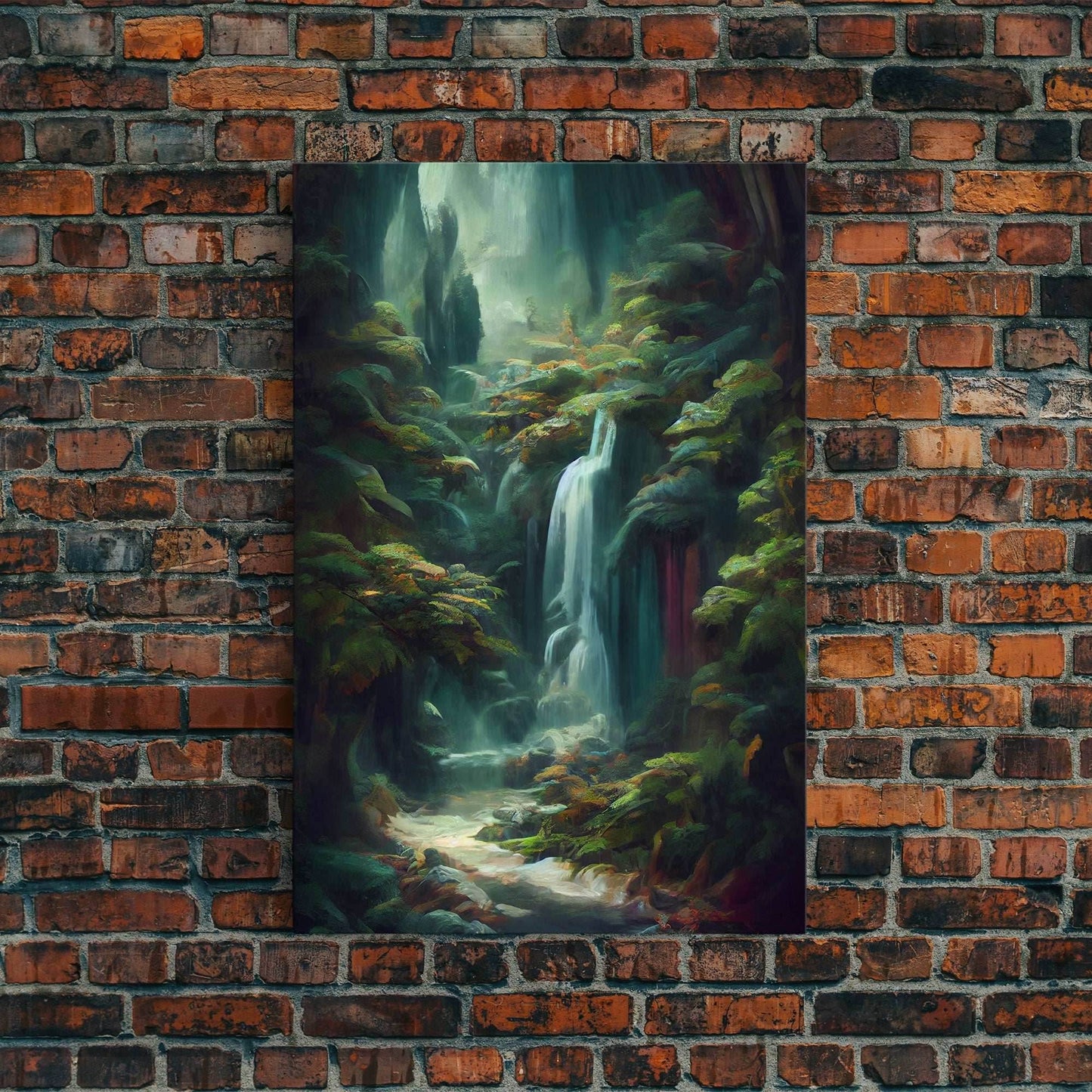 Waterfall in the forest canvas print, fantasy wall art, watercolor print, high fantasy, nature landscape living room wall art - 8x12 Inches / Gallery Wrap Canvas - Ready To Hang