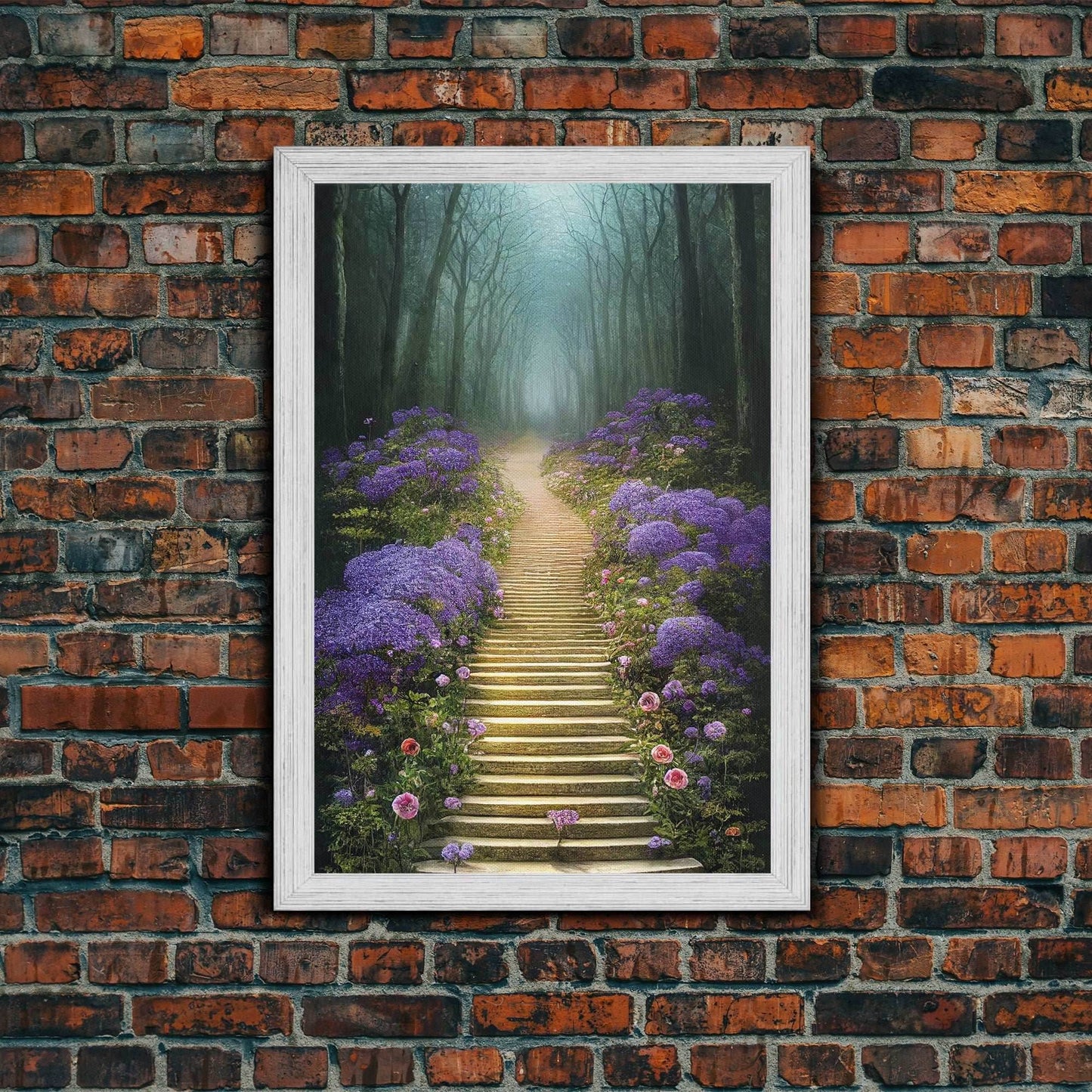 Lavender Lined Stairs Leading To The Haunted Forest, Fantasy Wall Art, framed canvas print, framed art - 8x12 Inches / Gold Frame