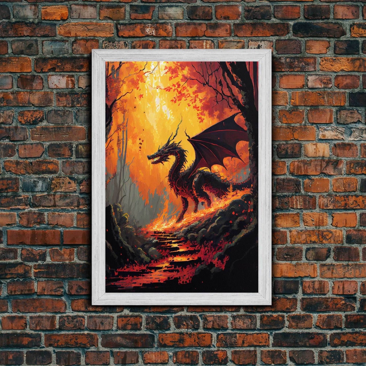Fiery Dragon Burning Down Forest Canvas Print - Mystical Fantasy Wall Art Home Decor Artwork - 8x12 Inches / Gold Frame