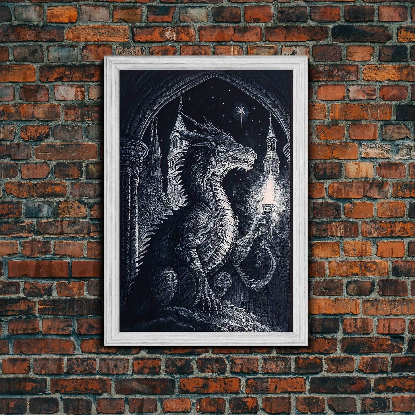 Black and white fantasy dragon, framed canvas print - 8x12 Inches / Gold Frame