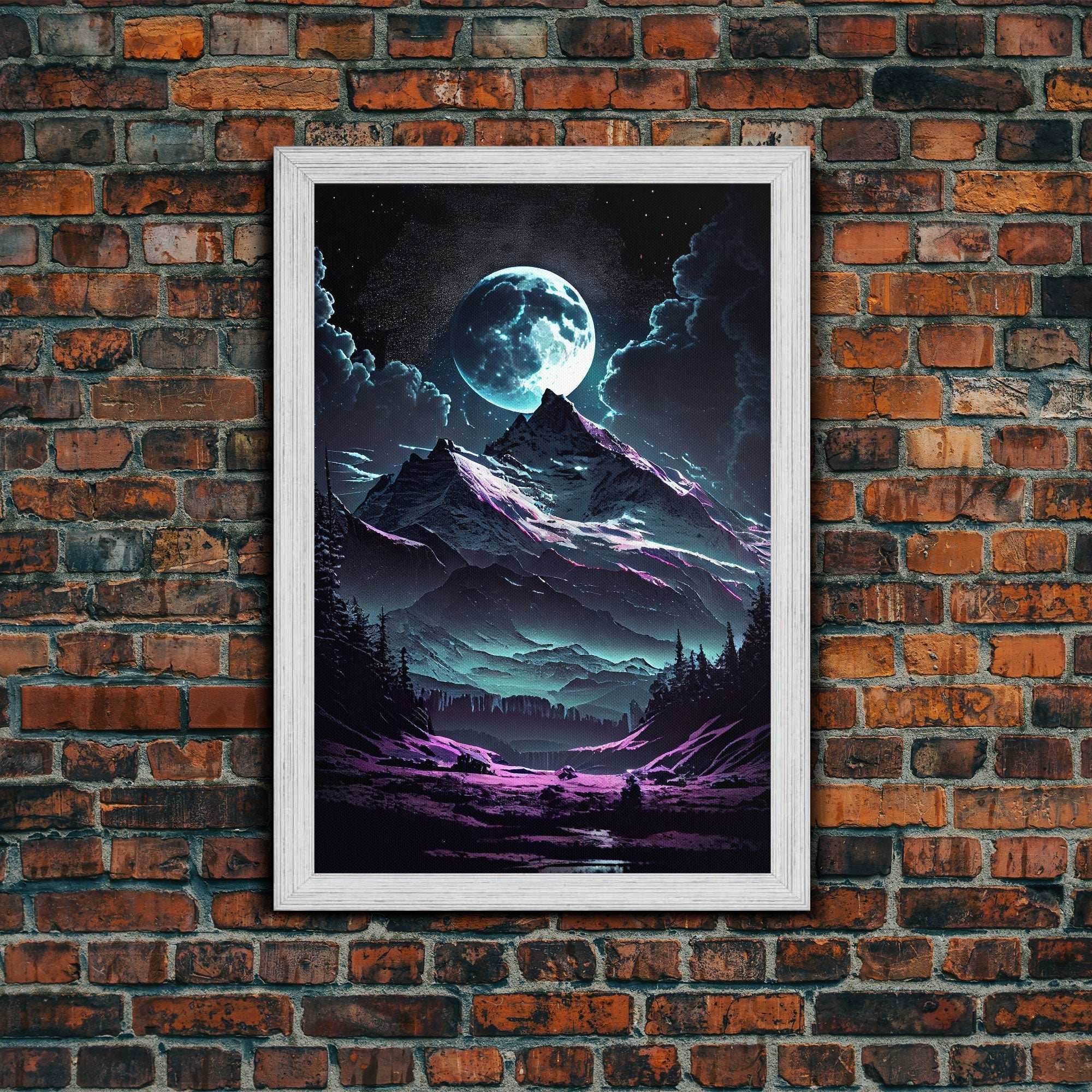 Mythical mountains fantasy art, framed canvas print, full moon over a mystical mountain landscape - 8x12 Inches / Gold Frame