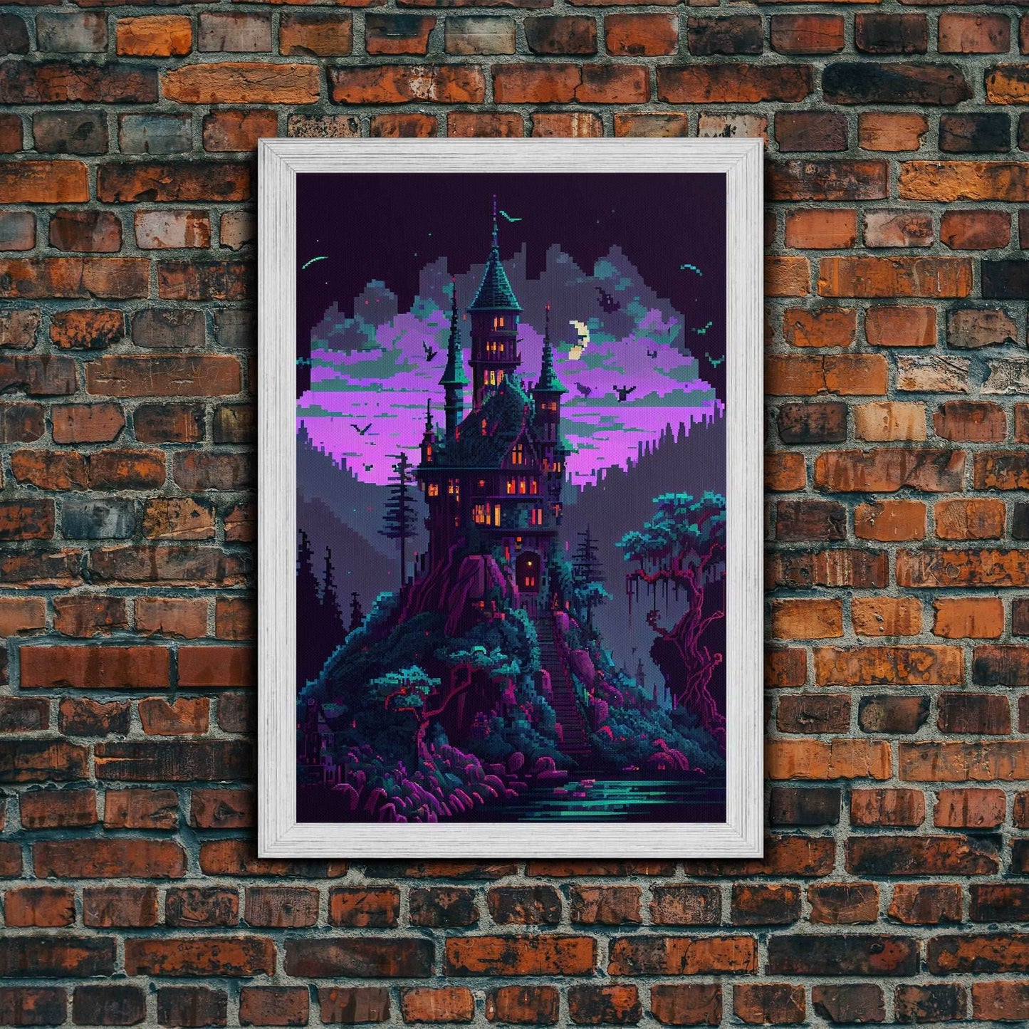 Transylvania Art, Cool Medieval castle 8 bit pixel art, fantasy art, framed canvas print, Cool castle art - 8x12 Inches / Gold Frame