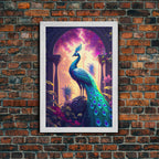 Turquoise peacock art, fantasy decor, framed canvas print - 8x12 Inches / Gold Frame