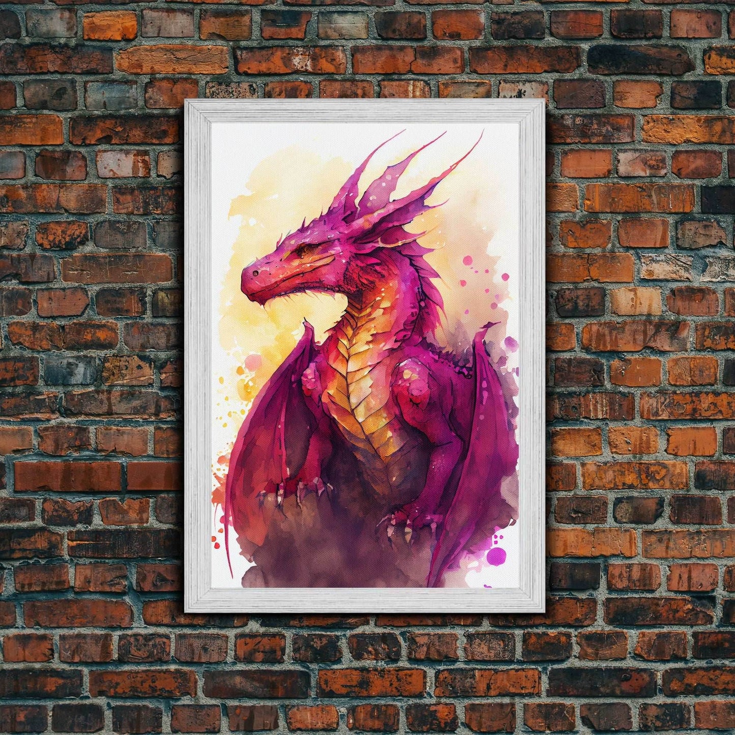 Magenta Purple Watercolor Dragon Fantasy Fine Art Print, Wall Decor, Wall Poster, Wall Art Print - 8x12 Inches / Gold Frame
