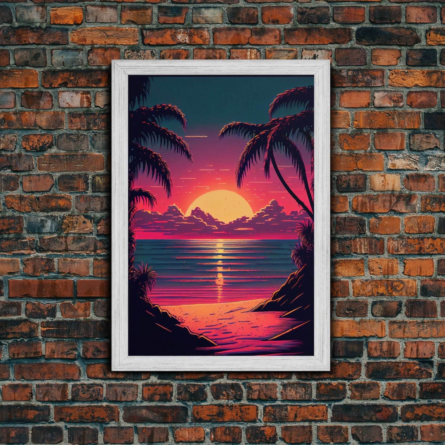 8 bit pixel art sunset, synthwave style palm tree beach, framed canvas print, framed wall art painting - 8x12 Inches / Gold Frame