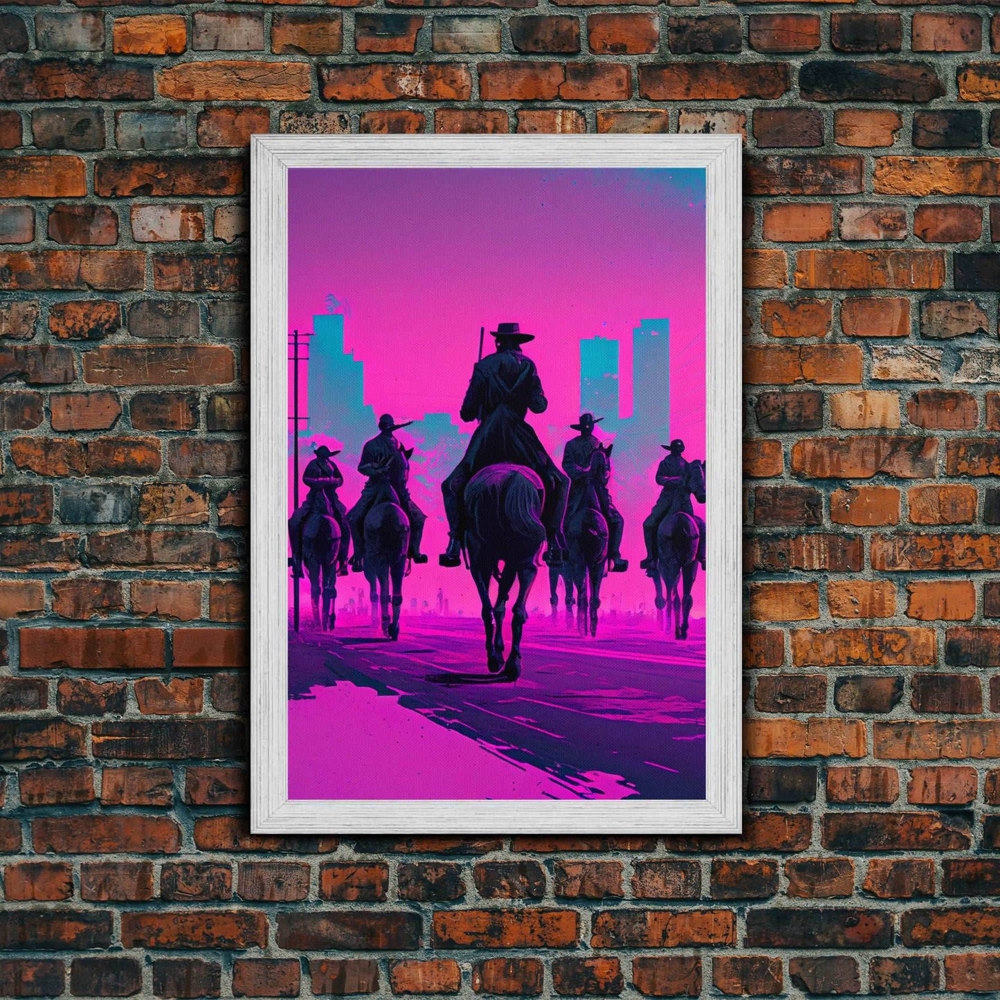 Post-Apocalyptic Cowboys, Vaporwave Aesthetic fantasy art, framed canvas print - 8x12 Inches / Gold Frame