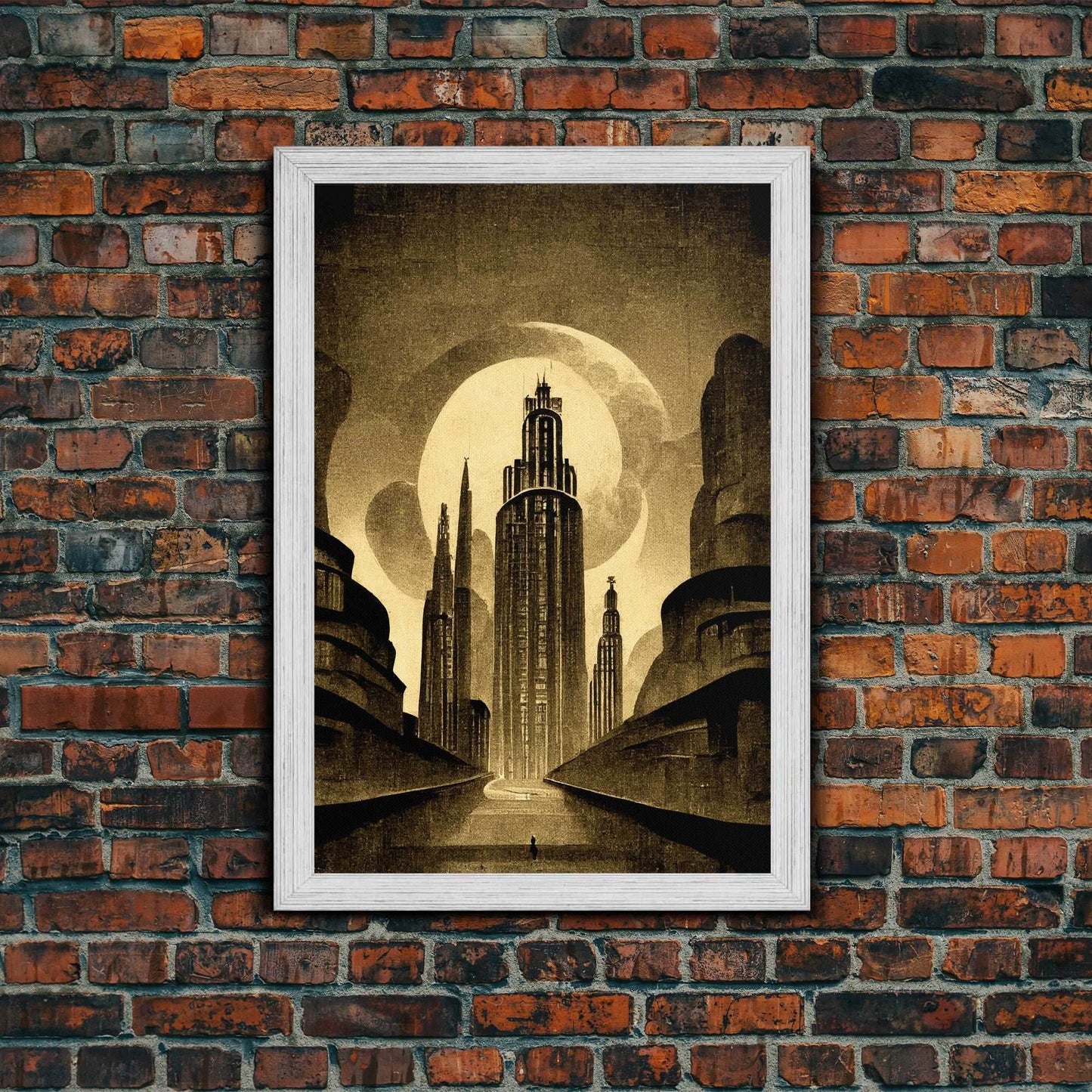 Dystopian Metropolis Art Deco Canvas Print, City Skyline, Fantasy Art, Art Deco Living Room Art, ready to hang wall art - 8x12 Inches / Gold Frame