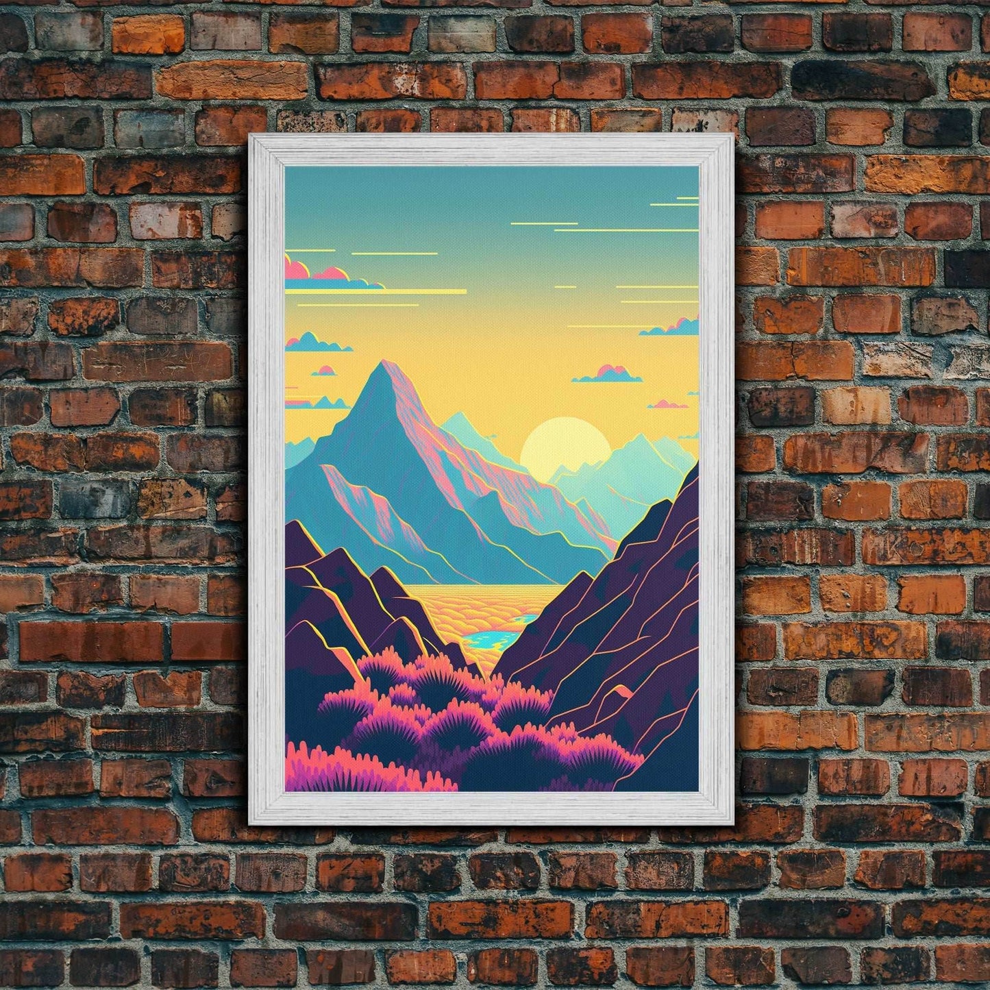 Peach Sunset, Fantasy Mountain Landscape Art, Framed Canvas Print, Minimalist Art Deco Inspired Wall Art - 8x12 Inches / Gold Frame