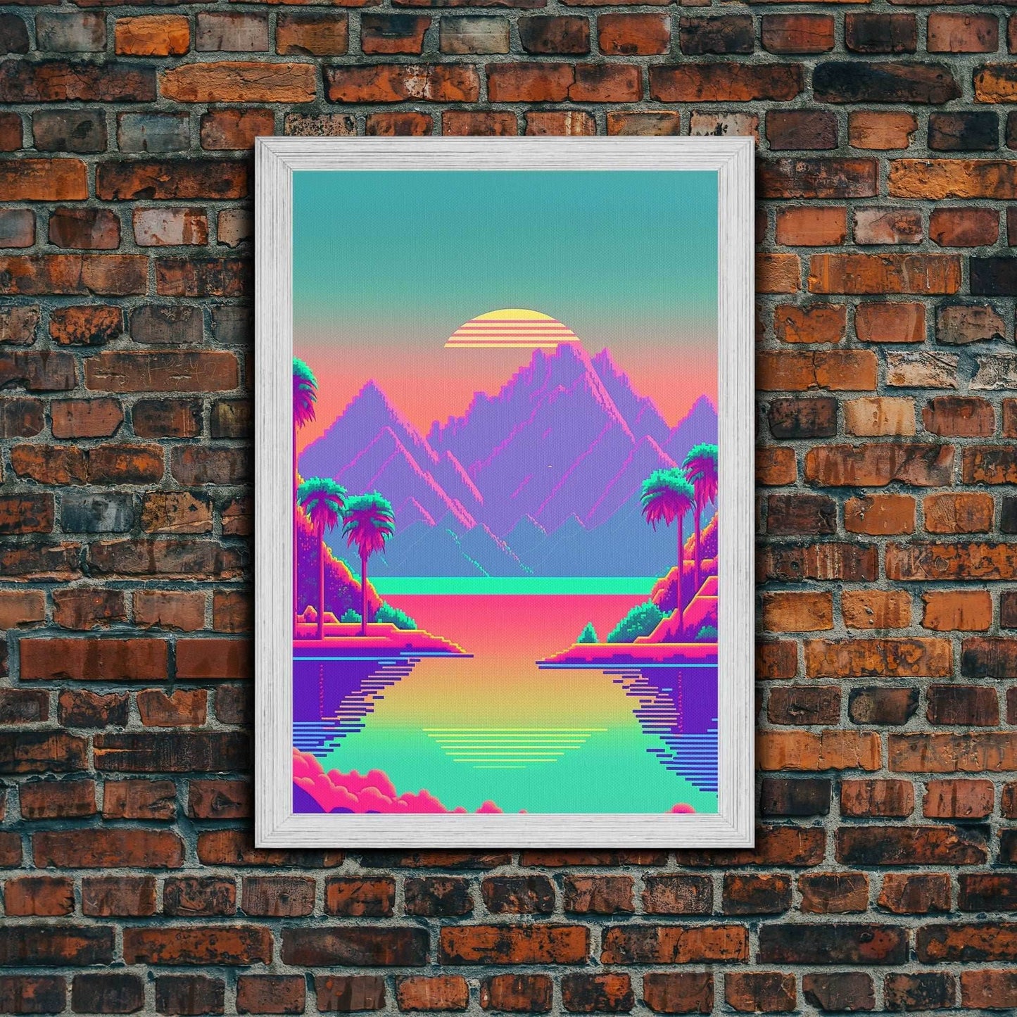 Retro Vaporwave Aesthetic Pixel Art Sunset, Turquoise and Pink Fantasy Landscape Art, Gamer Decor, Game Room Art - 8x12 Inches / Gold Frame