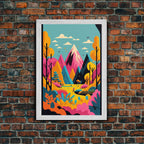 Trendy Pop Art, Surreal / Abstract Mountain Landscape, Fantasy Decor, Framed Canvas Print - 8x12 Inches / Gold Frame