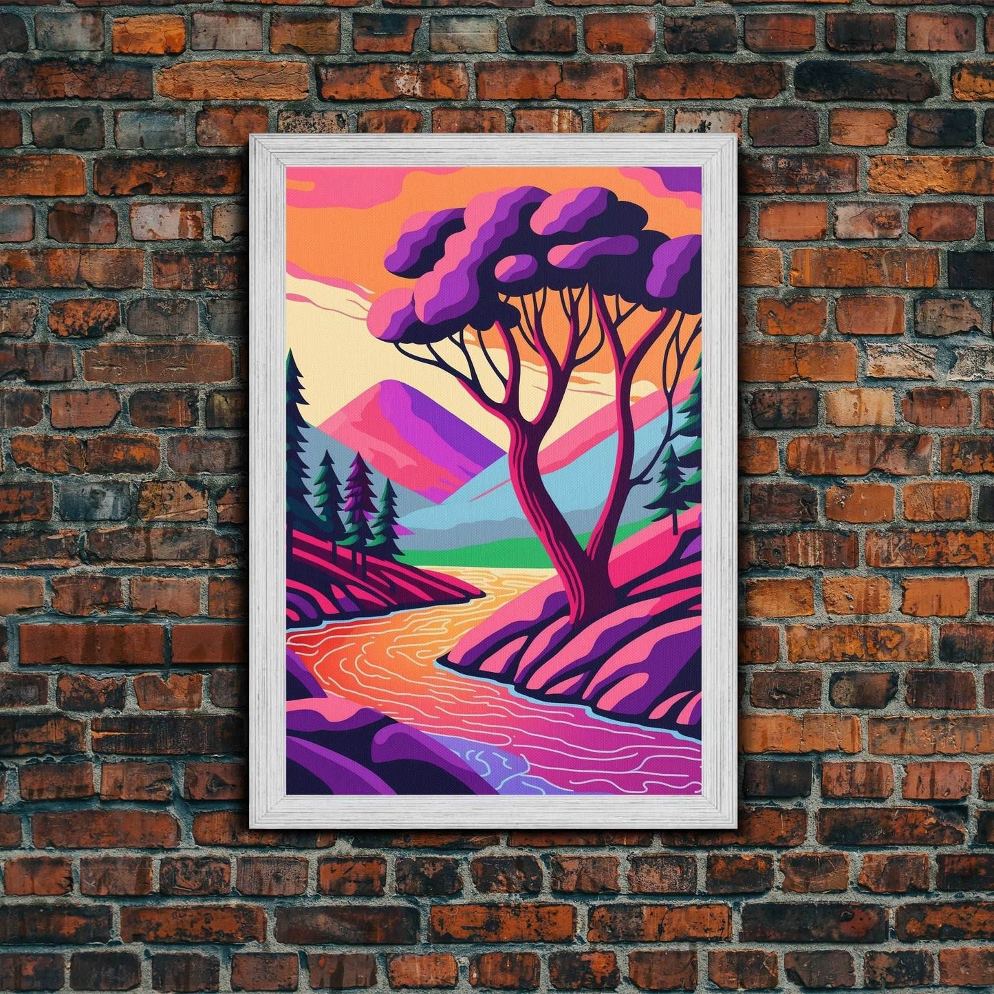 Surrealist Pop Art, Pink Fantasy Landscape Art, Framed Canvas Print - 8x12 Inches / Gold Frame