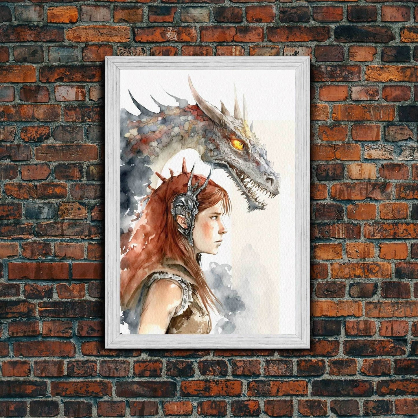 The Dragon Girl, Dragon Painting Canvas Print, Dragon Art, Fantasy Art, Fantasy Painting Wall Art, Girl and Her Dragon, Gamer Gift Wall Deco - 8x12 Inches / Gold Frame