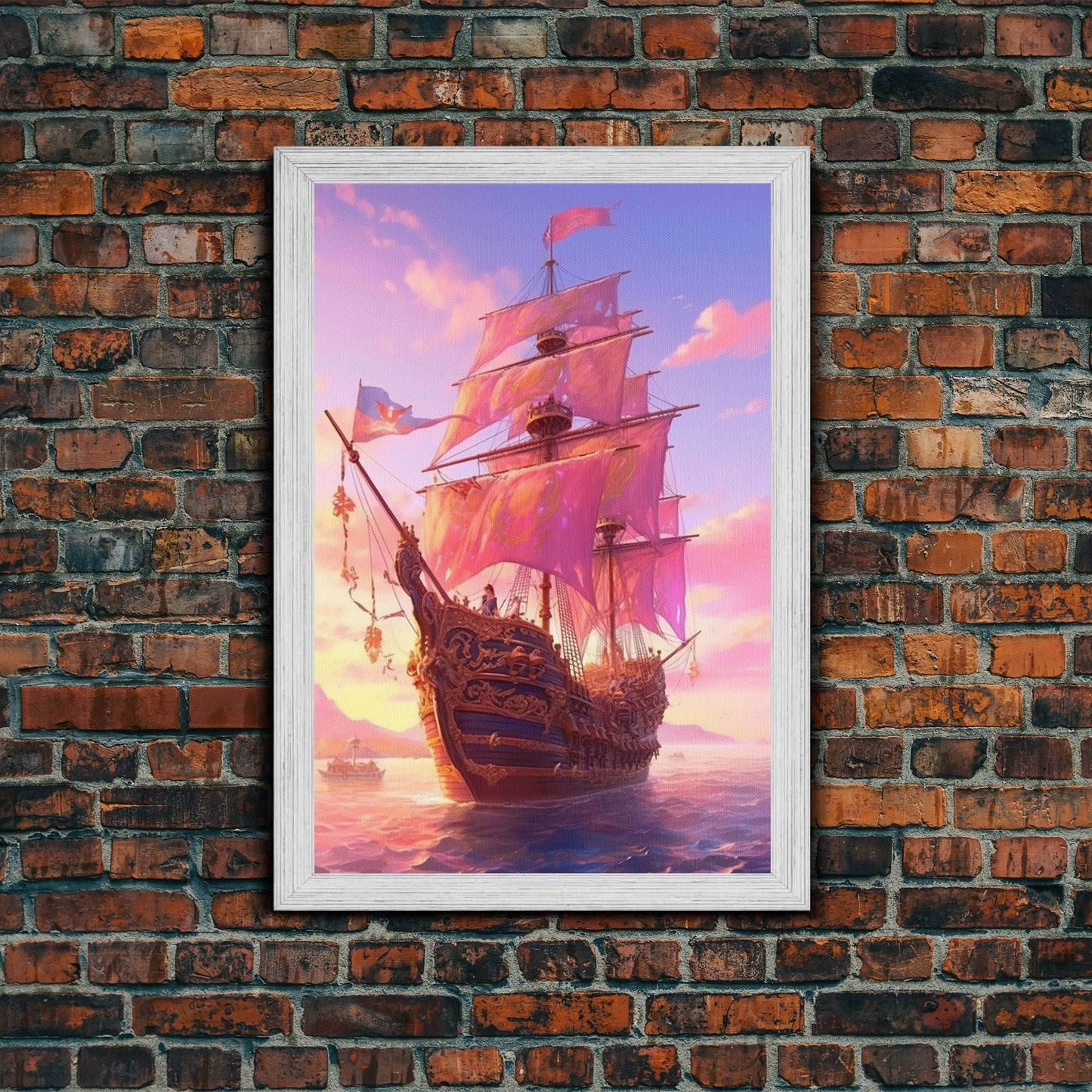 Gothic Pirate Ship at Sunset, Framed Canvas Print, Fantasy Wall Art, Wall Decor, Pirate Wal Art, Gift For Him, Kid's Room Art - 8x12 Inches / Gold Frame