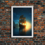 Gothic Pirate Ghost Ship, Framed Canvas Print, Fantasy Wall Art, Wall Decor, Pirate Wal Art, Gift For Him, Kid's Room Art - 8x12 Inches / Gold Frame