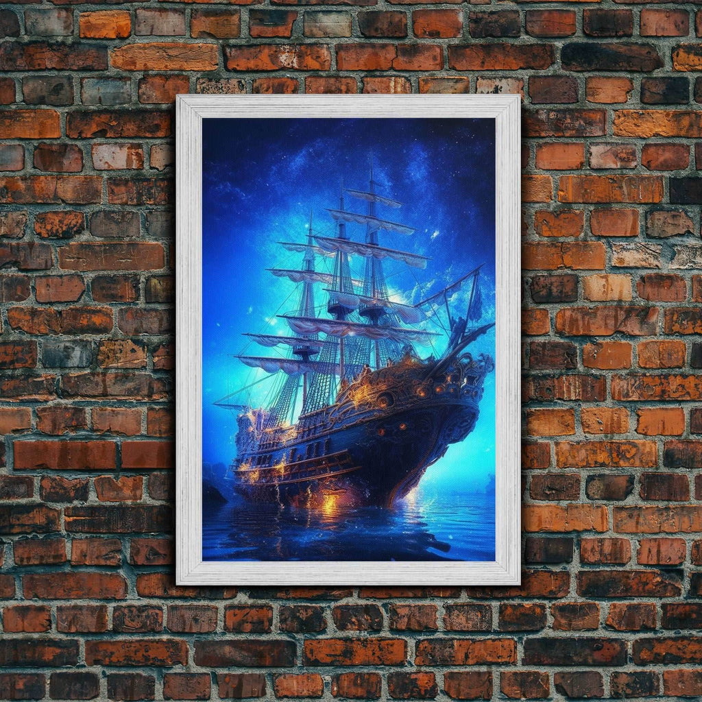 Haunted Pirate Ghost Ship Under The Night Sky, Framed Canvas Print, Fantasy Wall Art, Wall Decor, Pirate Wal Art, Gift For Him, Kid's Room - 8x12 Inches / Gold Frame