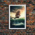 Haunted Pirate Ghost Ship On Rough Seas, Framed Canvas Print, Fantasy Wall Art, Wall Decor, Pirate Wal Art, Gift For Him, Kid's Room - 8x12 Inches / Gold Frame