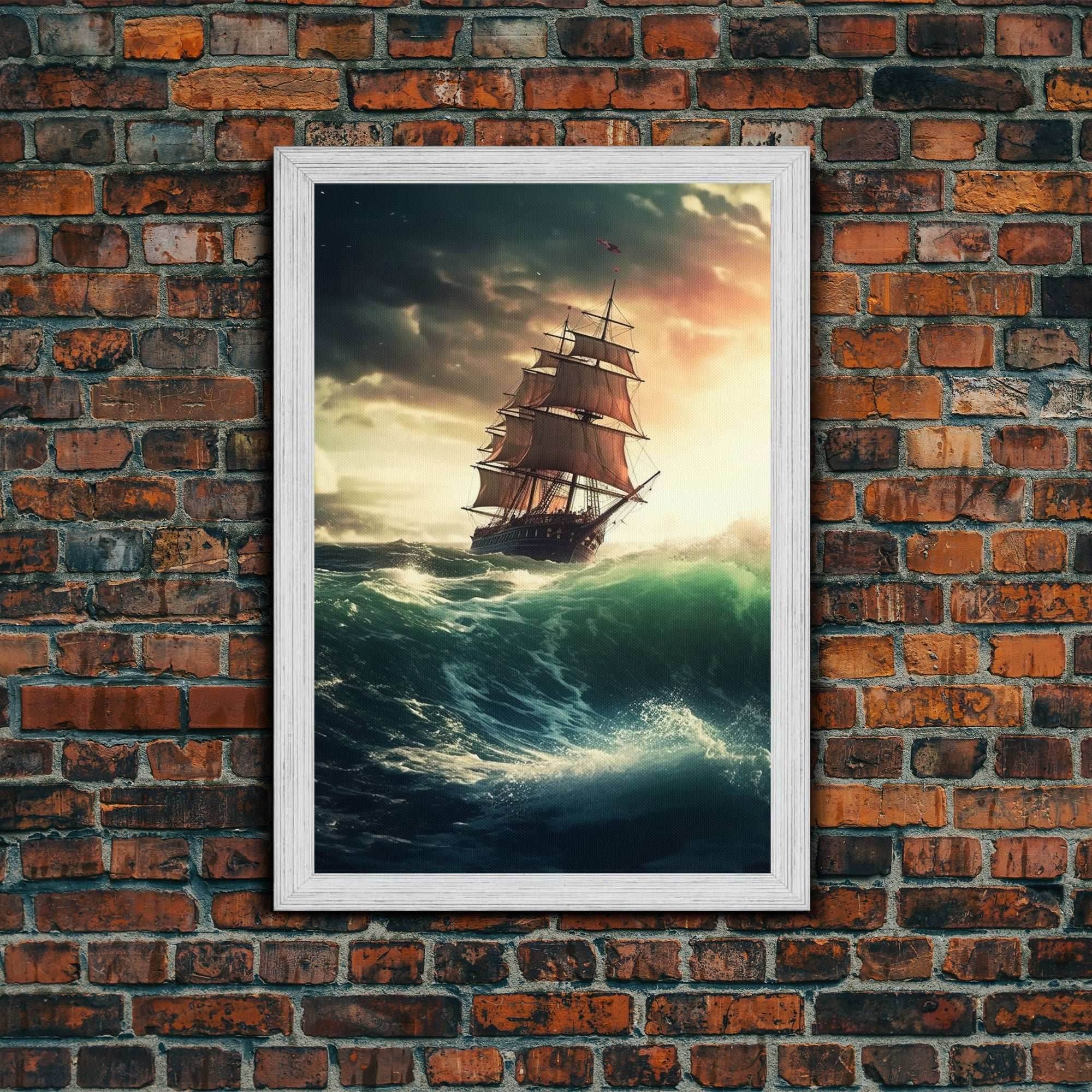 Haunted Pirate Ghost Ship On Rough Seas, Framed Canvas Print, Fantasy Wall Art, Wall Decor, Pirate Wal Art, Gift For Him, Kid's Room - 8x12 Inches / Gold Frame