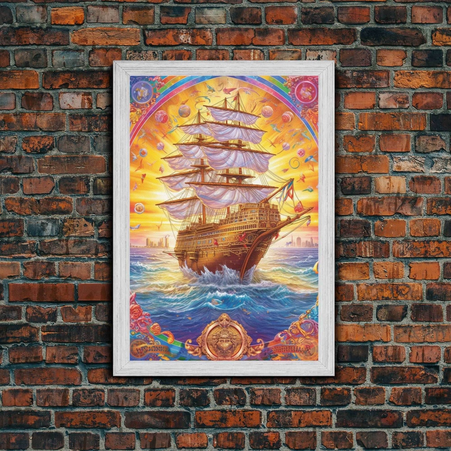 Filigree Pirate Ship Plaque Art, Framed Canvas Print, Fantasy Wall Art, Wall Decor, Pirate Wal Art, Gift For Him, Kid's Room - 8x12 Inches / Gold Frame
