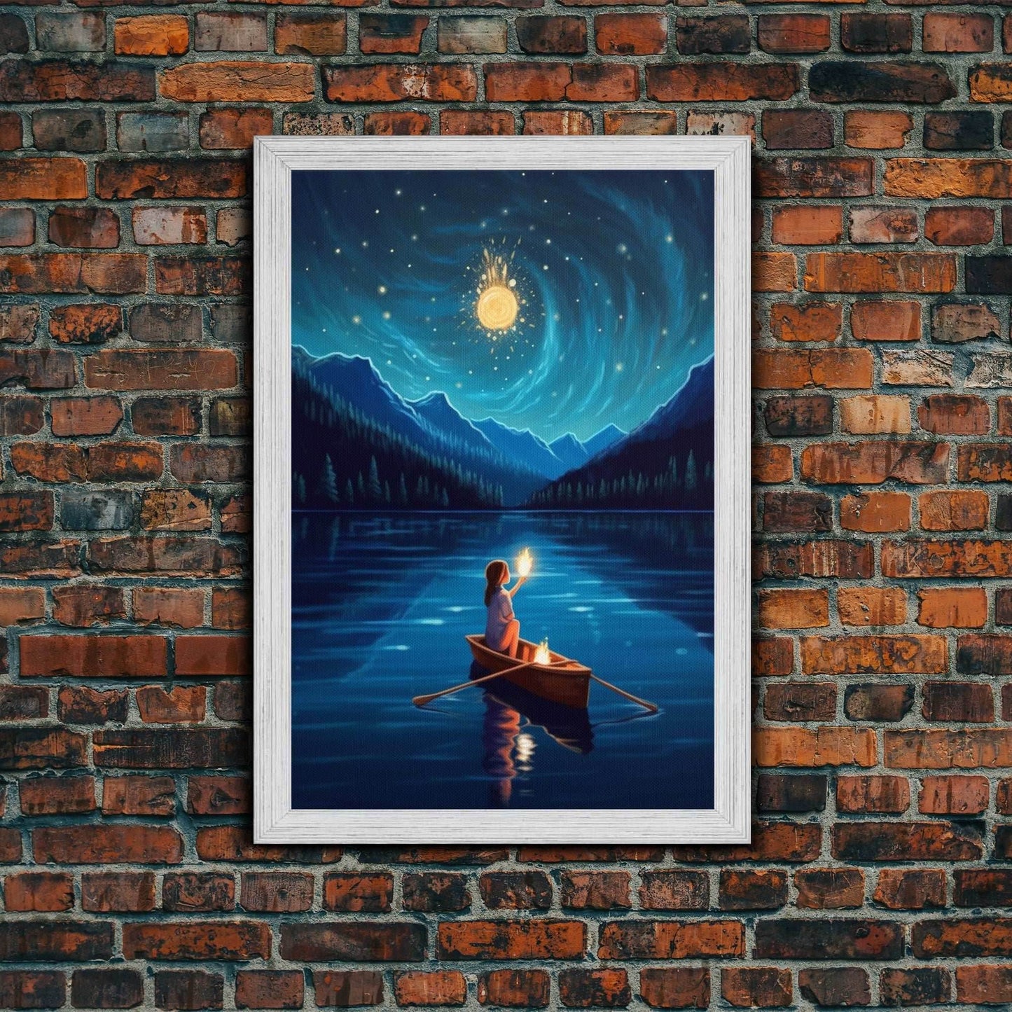 Starry Night, Girl Wizard Lights Up The Night Sky, Fantasy Art, Framed Canvas Print, Fantasy Painting Print, Original Art - 8x12 Inches / Gold Frame