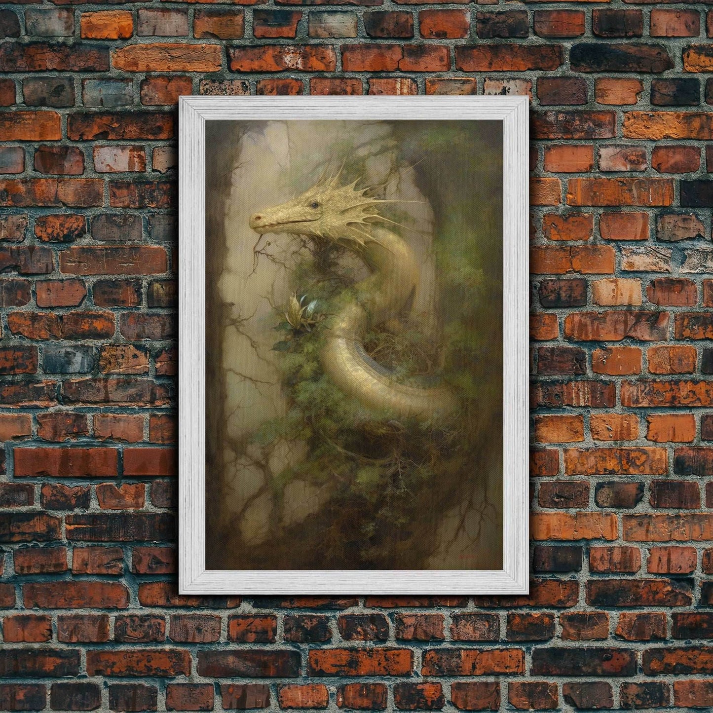 Majestic Green Dragon Wall Art, Framed Canvas Print, Dragon Fantasy Painting, Garden Dragon Abstract Fantasy Art - 8x12 Inches / Gold Frame