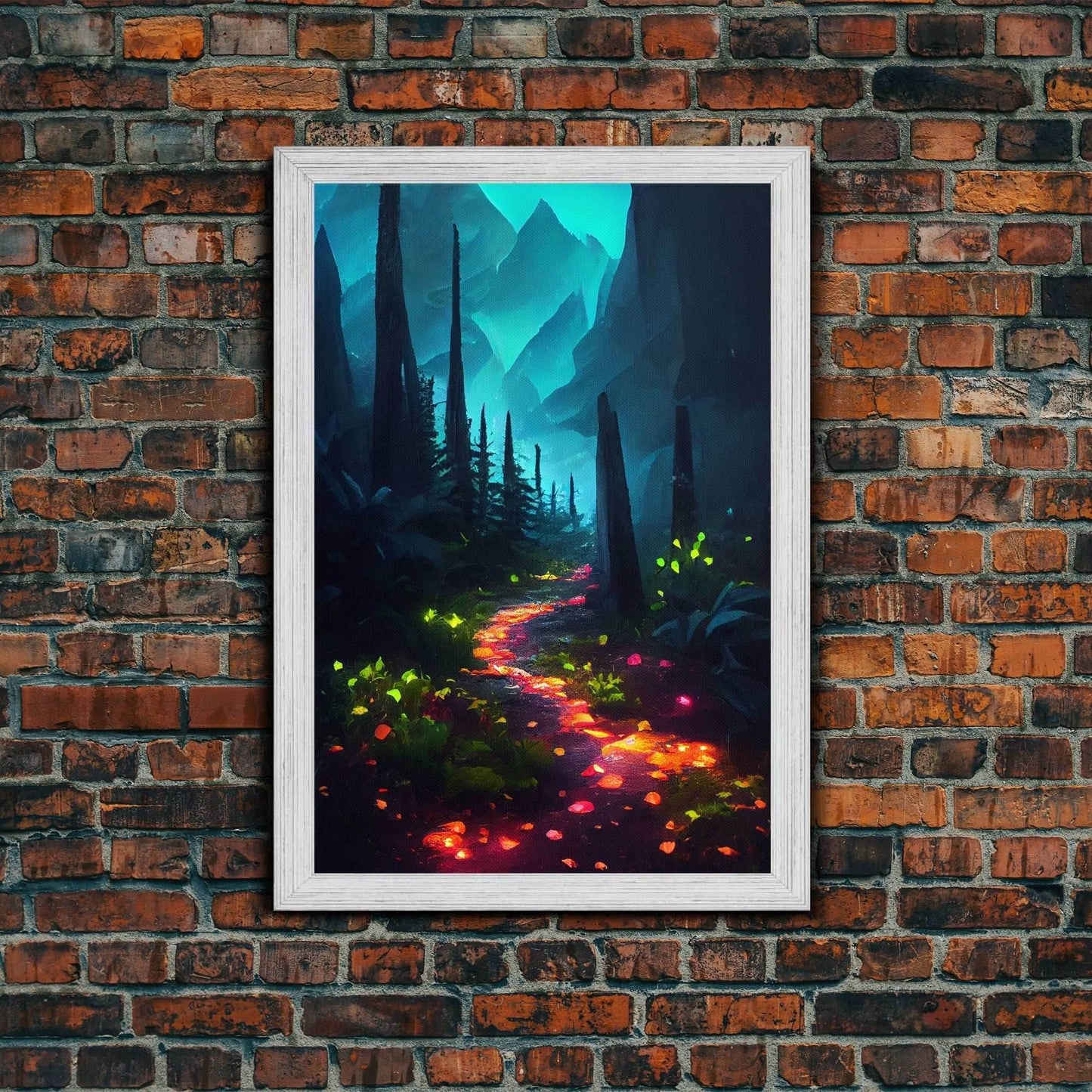 Luminescent magical forest canvas print, glowing trail though the trees, fantasy art - 8x12 Inches / Gold Frame