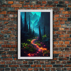 Luminescent magical forest poster art, fine art print, glowing trail though the trees, fantasy art, gloomy wall art, dark decor - 8x12 Inches / Gold Frame