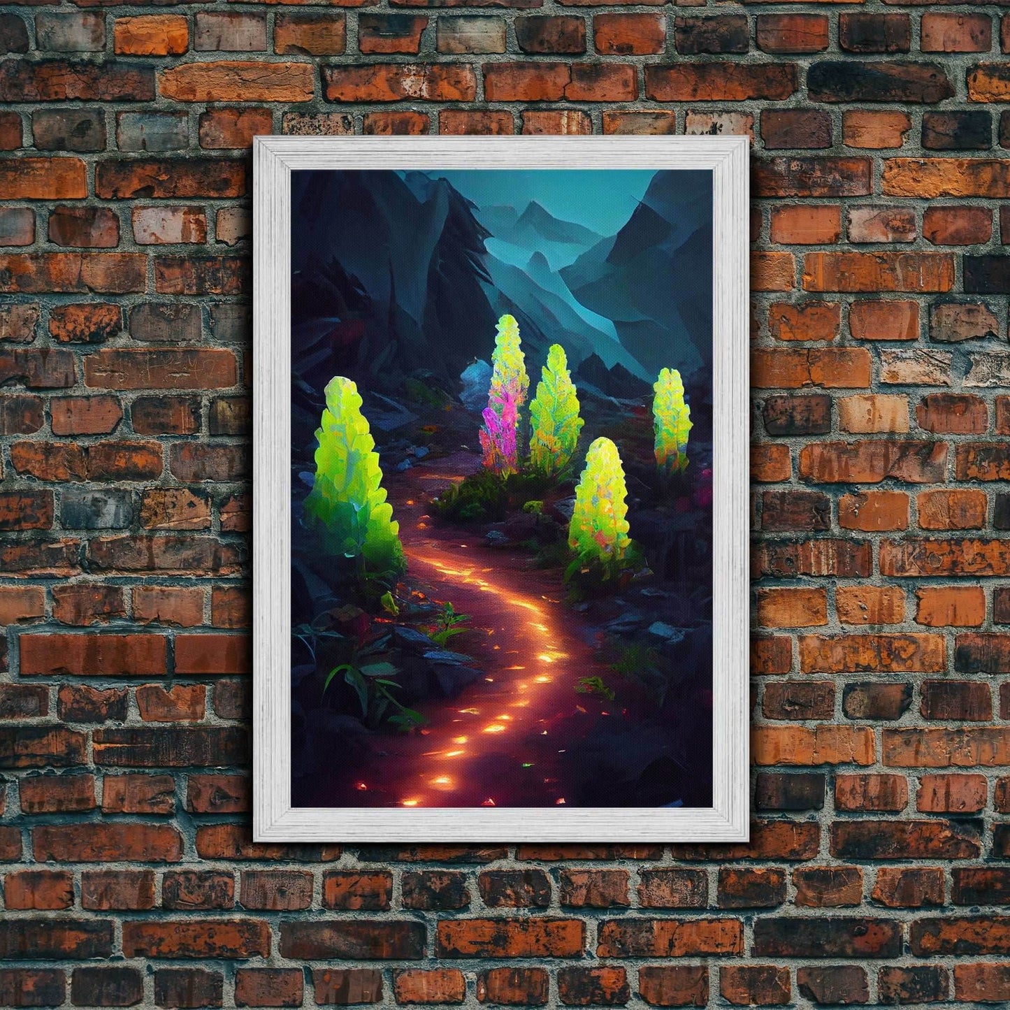 Magical forest canvas print, glowing mushroom art, fantasy forest wall art, gloomy dark home decor, luminescent forest trail wall art - 8x12 Inches / Gold Frame