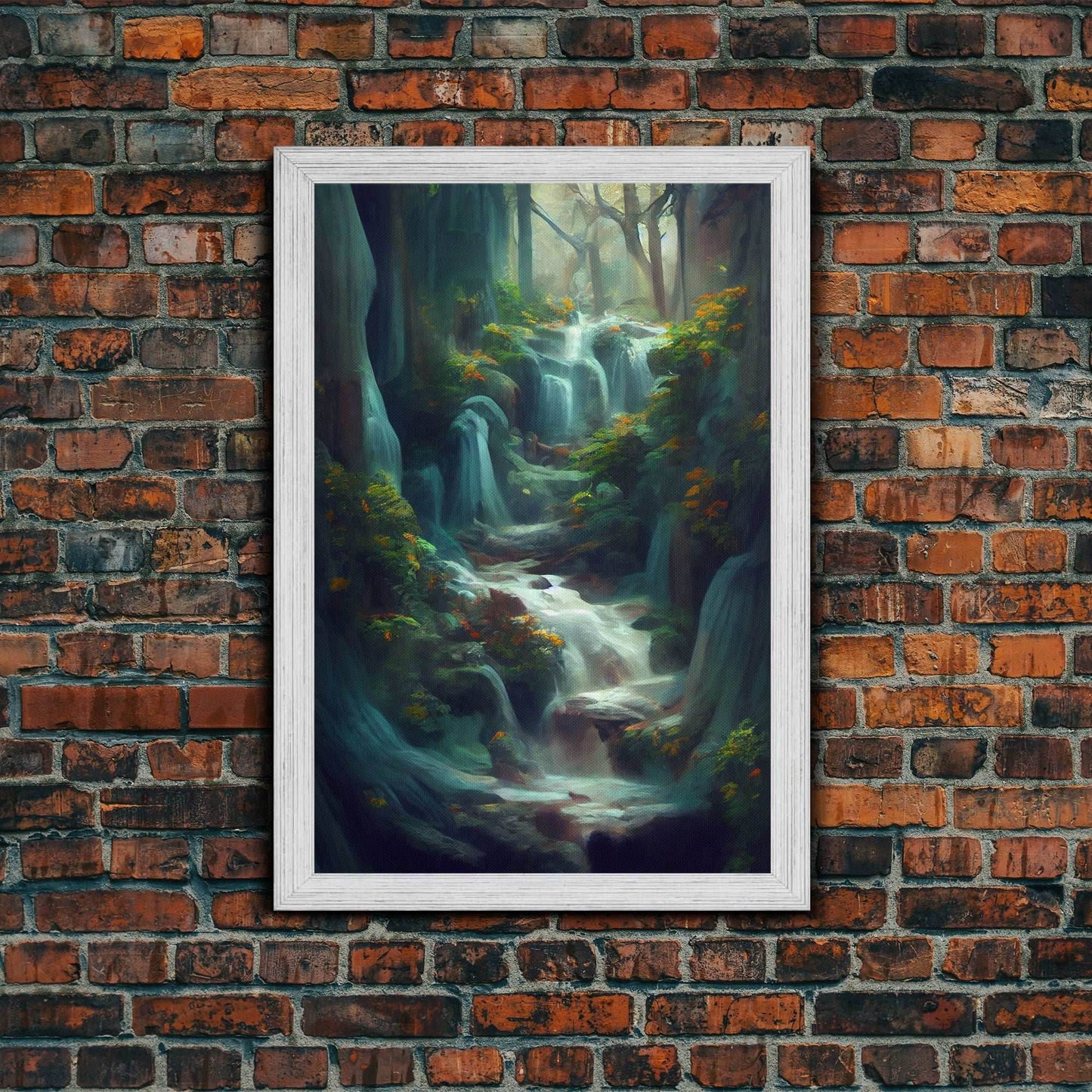 Waterfall painting canvas print, fantasy wall art, watercolor print, high fantasy, nature landscape wall art for living room - 8x12 Inches / Gold Frame