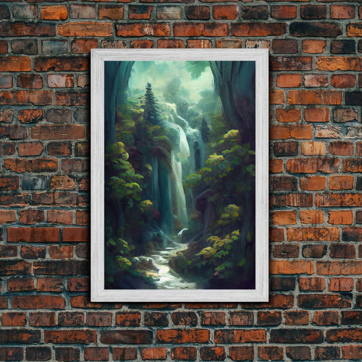 Waterfall canvas print, fantasy wall art, watercolor print, high fantasy, nature landscape living room wall art - 8x12 Inches / Gold Frame