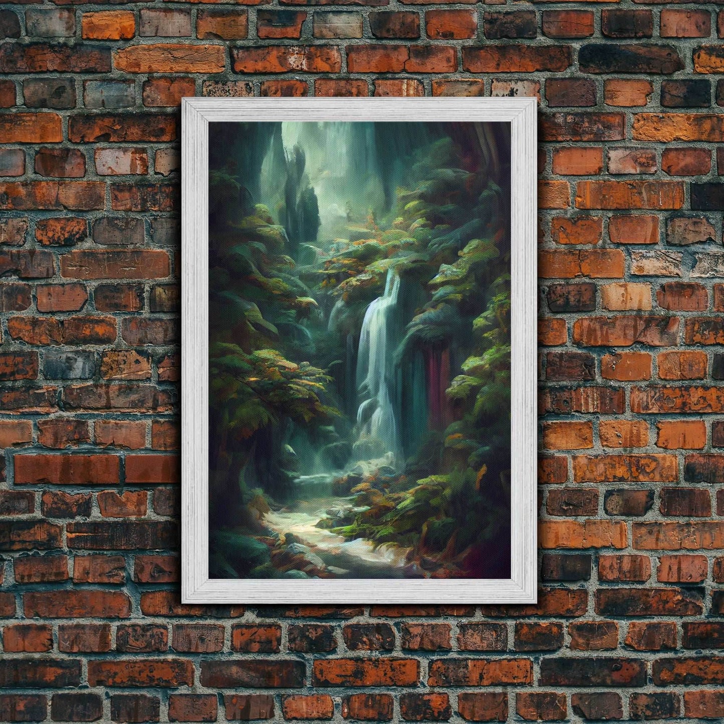 Waterfall in the forest canvas print, fantasy wall art, watercolor print, high fantasy, nature landscape living room wall art - 8x12 Inches / Gold Frame