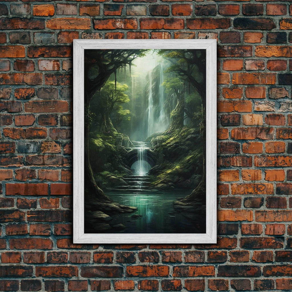 Enchanter Forest, Waterfalls Wall Art, Fantasy Artwork, Canvas Print, Wall Art, Vertical Print, Video Game Art, College Dorm Decor - 8x12 Inches / Gold Frame