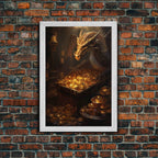 Dragon Art, Fantasy Art, Treasure Chest, Canvas Print, Wall Hanging, Portrait Art, Video Game Art, Nerdy Home Decor, Gift For Friend - 8x12 Inches / Gold Frame