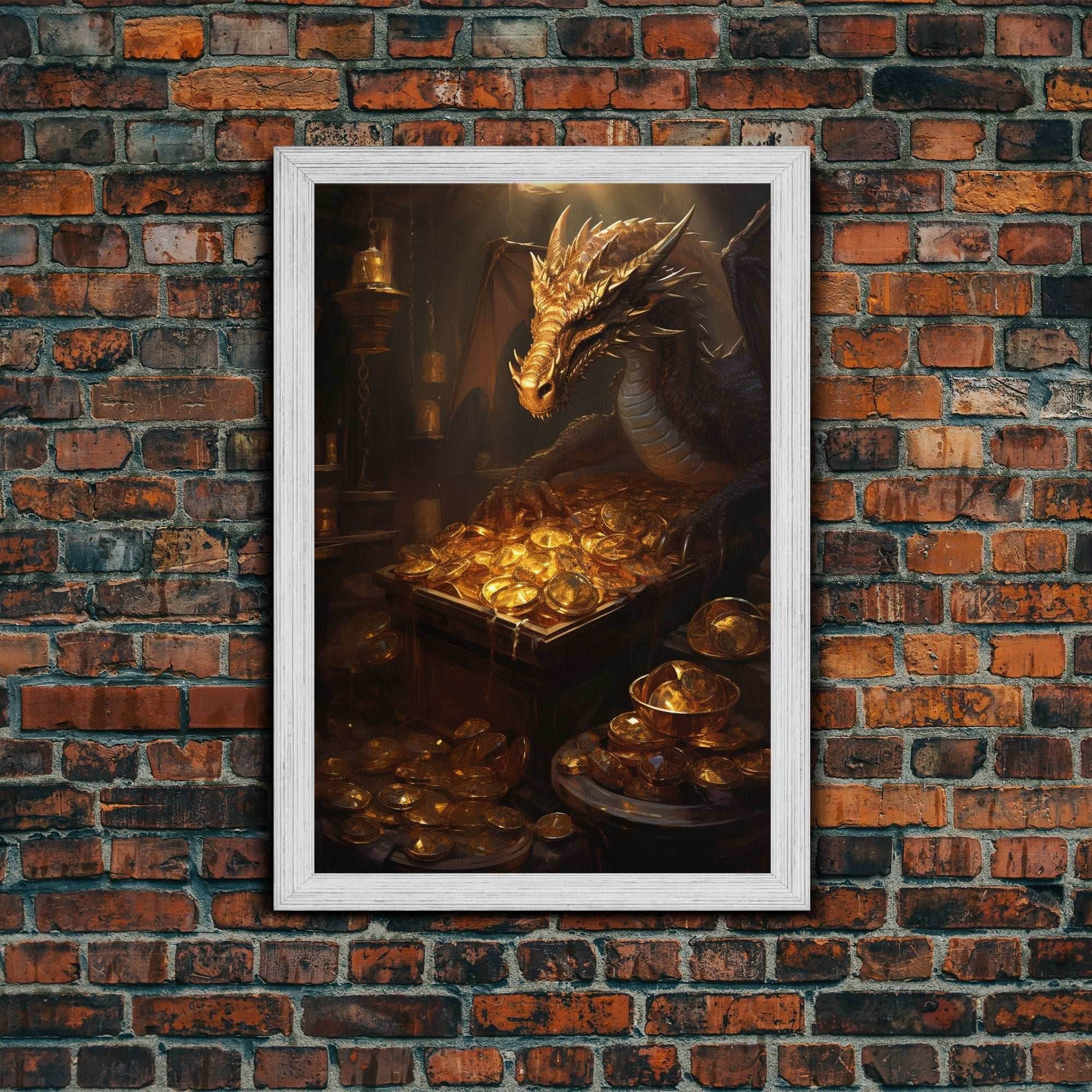 Dragon Art, Fantasy Art, Treasure Chest, Canvas Print, Wall Hanging, Portrait Art, Video Game Art, Nerdy Home Decor, Gift For Friend - 8x12 Inches / Gold Frame