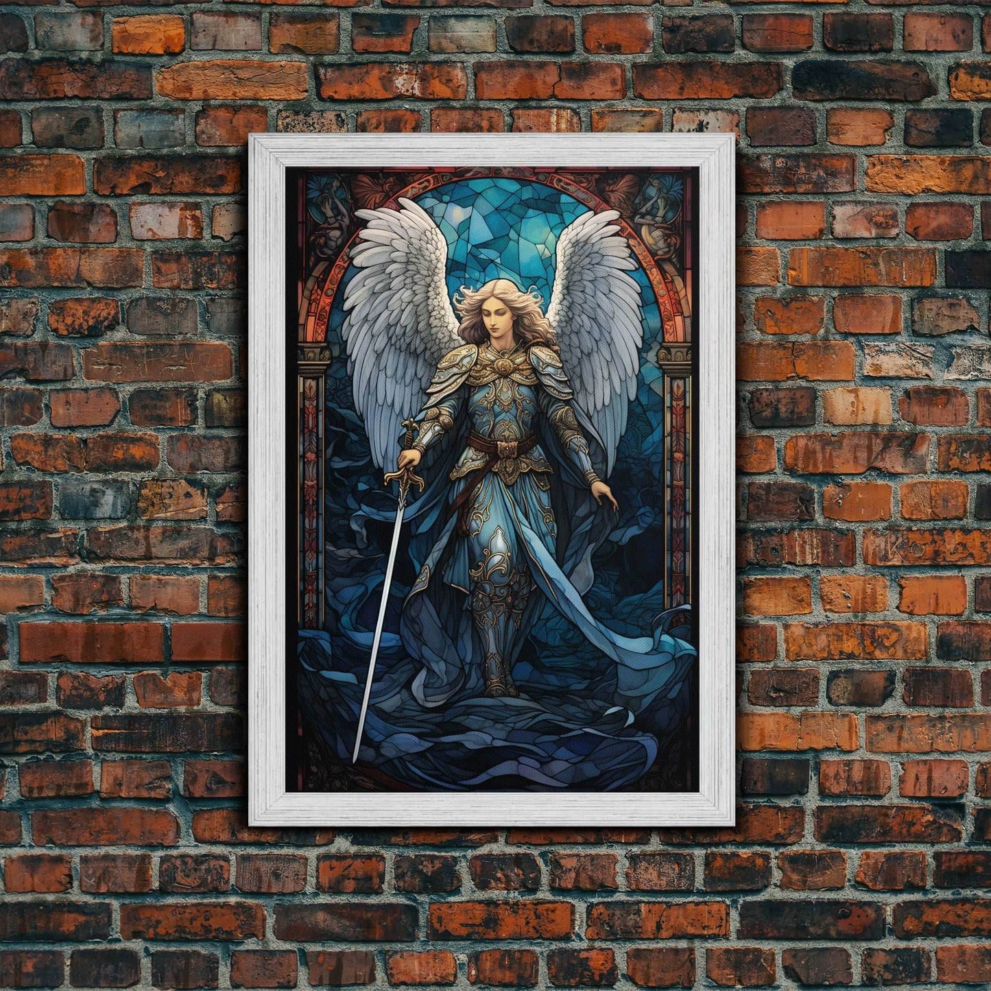 Angel, Angel Warrior, Fantasy Art, Canvas Print, Wall Hanging, Portrait Art, Stained Glass Art, Christian Wall Decor, Country Wall Art - 8x12 Inches / Gold Frame