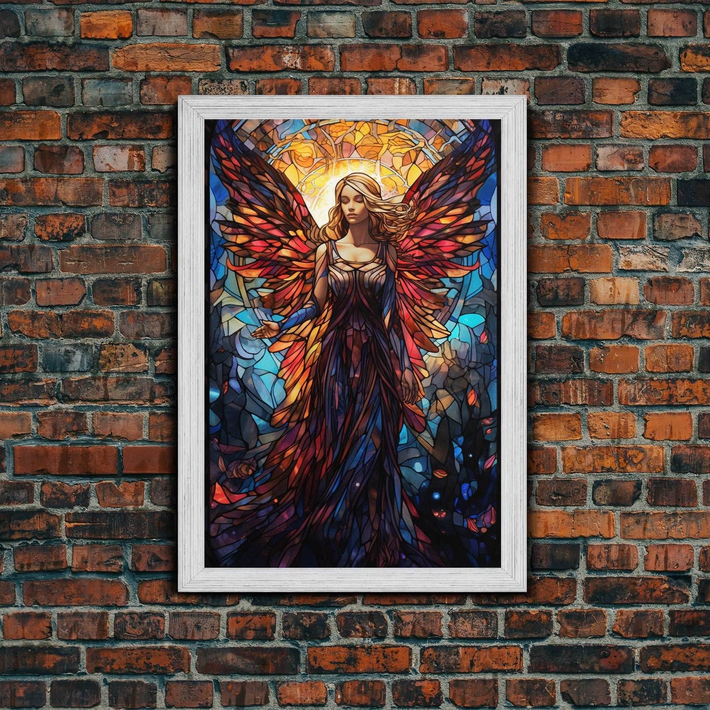 Angel, Fantasy Art, Angel Wings, Canvas Print, Wall Hanging, Portrait Art, Stained Glass Art, Housewarming Gift, Bedroom Teen Girl Art - 8x12 Inches / Gold Frame