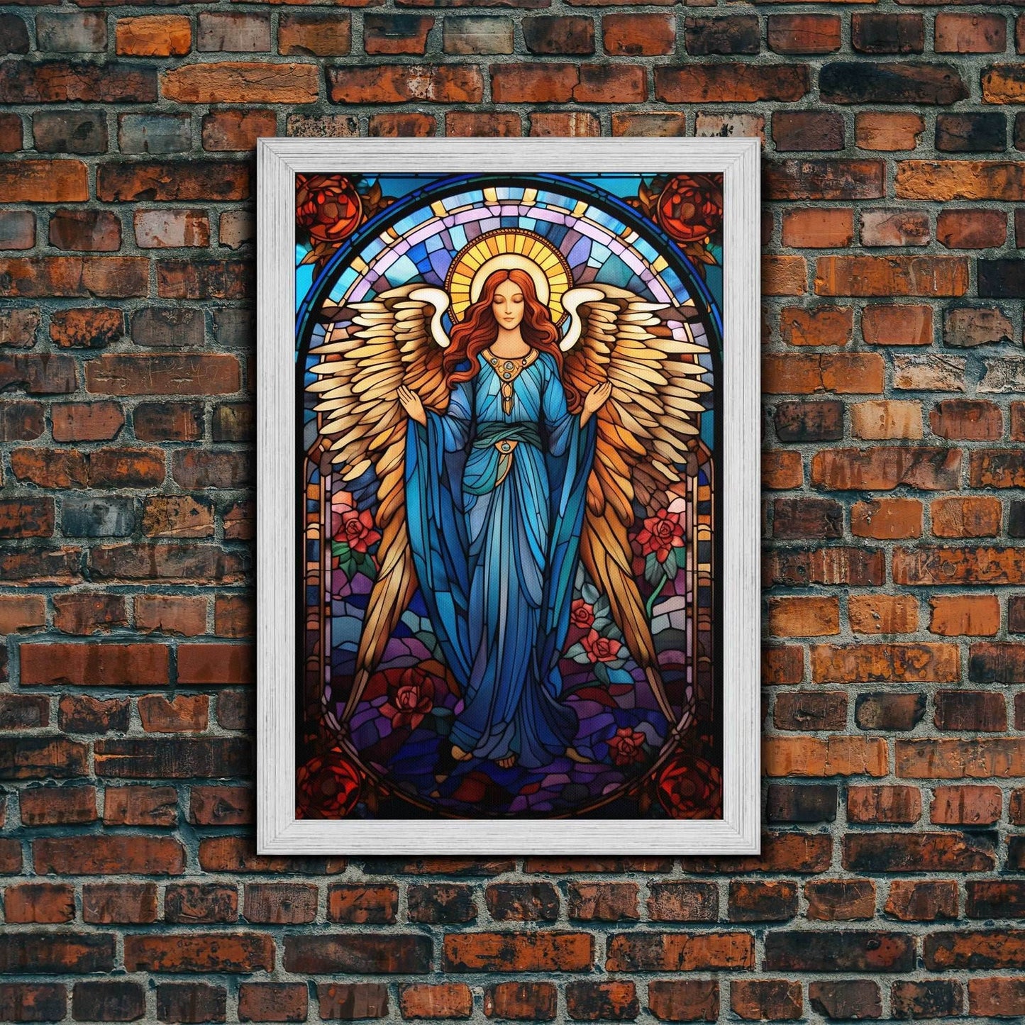 Angel, Fantasy Artwork Canvas Print, Wall Hanging, Portrait Art, Stained Glass Art, Mystical Wall Art, Tiny House Decor, Gift For Women - 8x12 Inches / Gold Frame