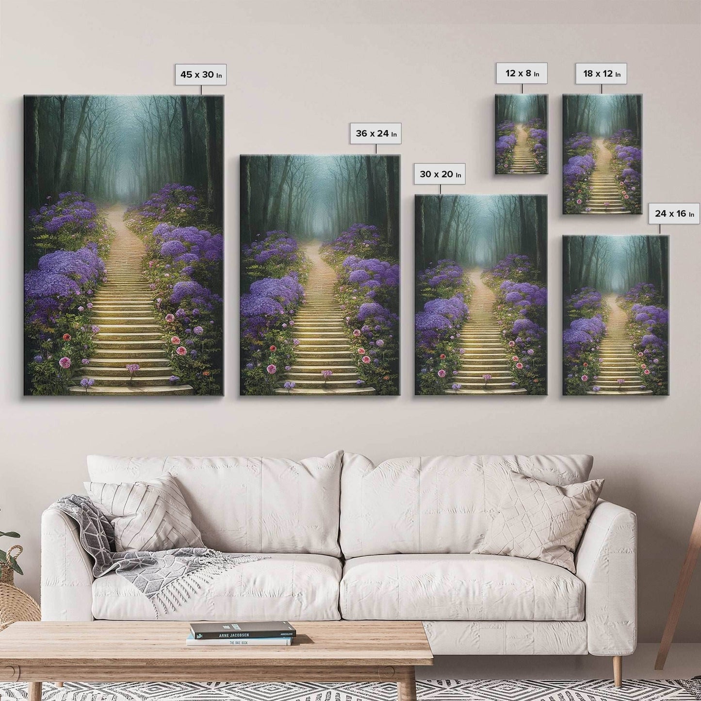 Lavender Lined Stairs Leading To The Haunted Forest, Fantasy Wall Art, framed canvas print, framed art - 8x12 Inches / Gallery Wrap Canvas - Ready To Hang