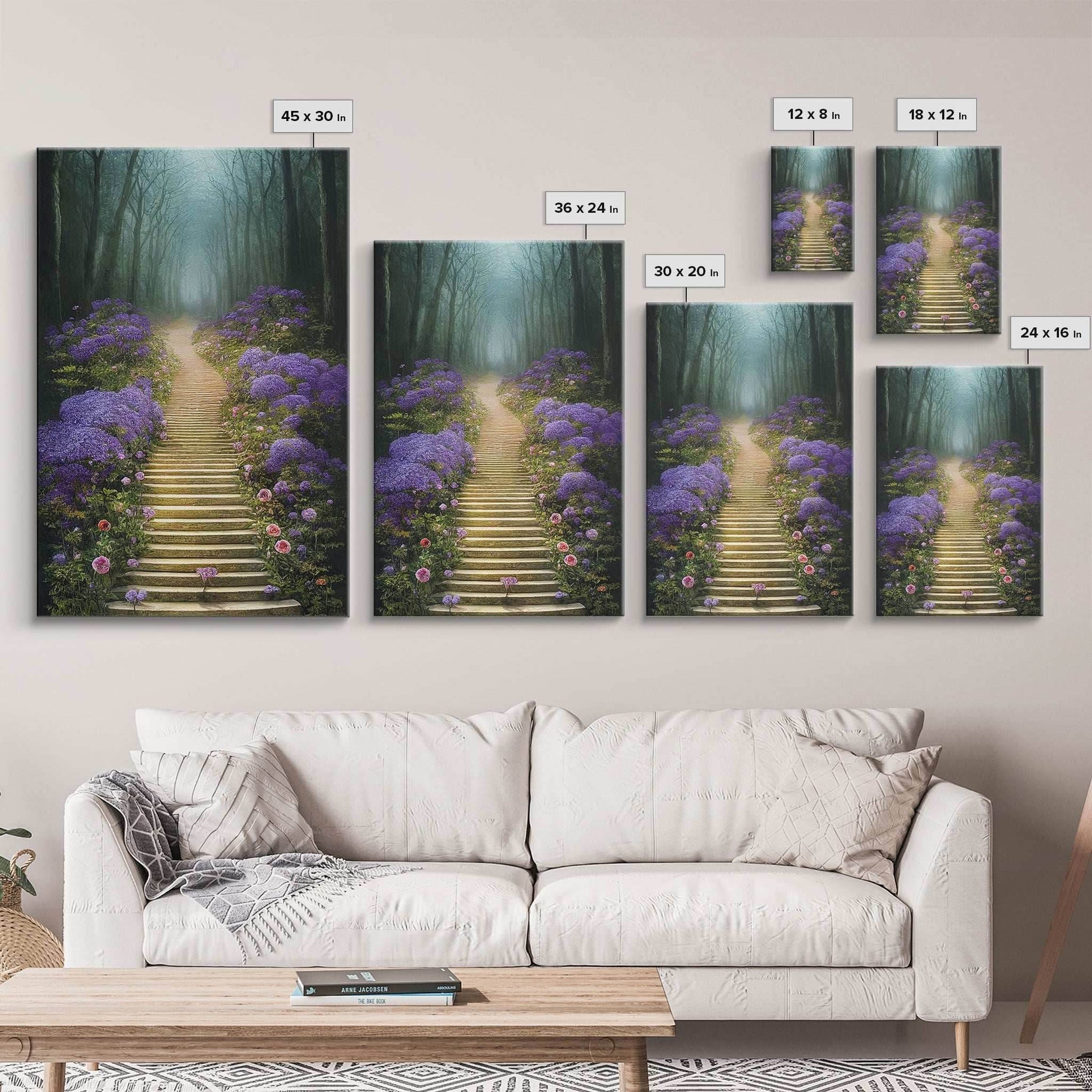 Lavender Lined Stairs Leading To The Haunted Forest, Fantasy Wall Art, framed canvas print, framed art - 8x12 Inches / Gallery Wrap Canvas - Ready To Hang