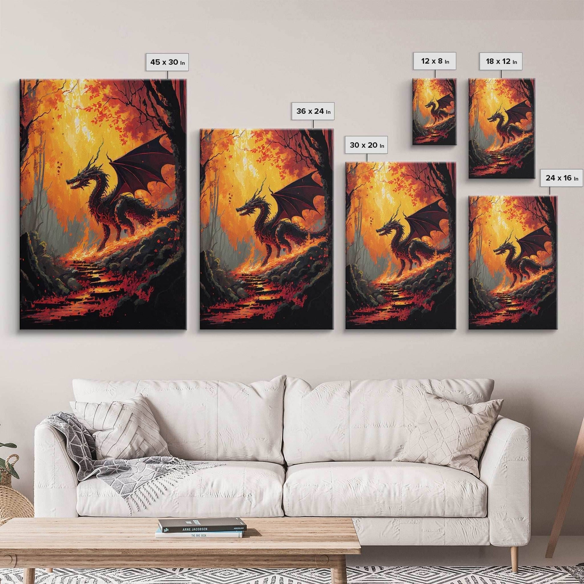 Dragon standing in a burned forest, fantasy art, fine art poster print - 8x12 Inches / Gallery Wrap Canvas - Ready To Hang