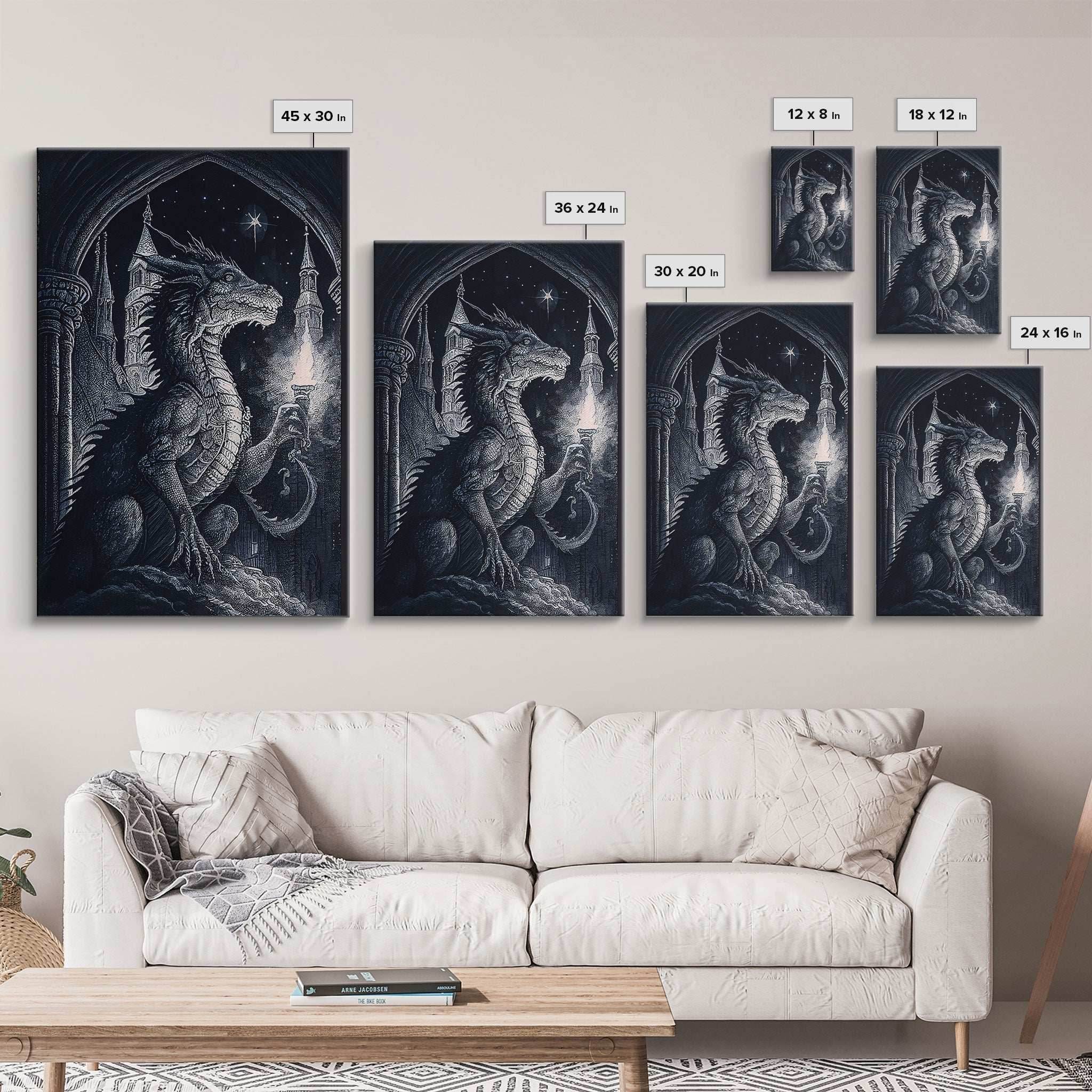 Black and white fantasy dragon, framed canvas print - 8x12 Inches / Gallery Wrap Canvas - Ready To Hang
