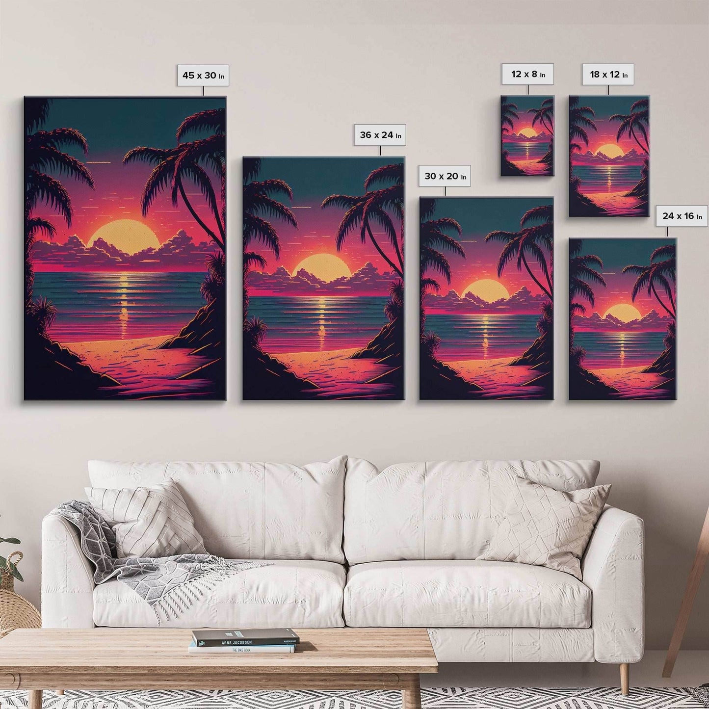 8 bit pixel art sunset, synthwave style palm tree beach, framed canvas print, framed wall art painting - 8x12 Inches / Gallery Wrap Canvas - Ready To Hang