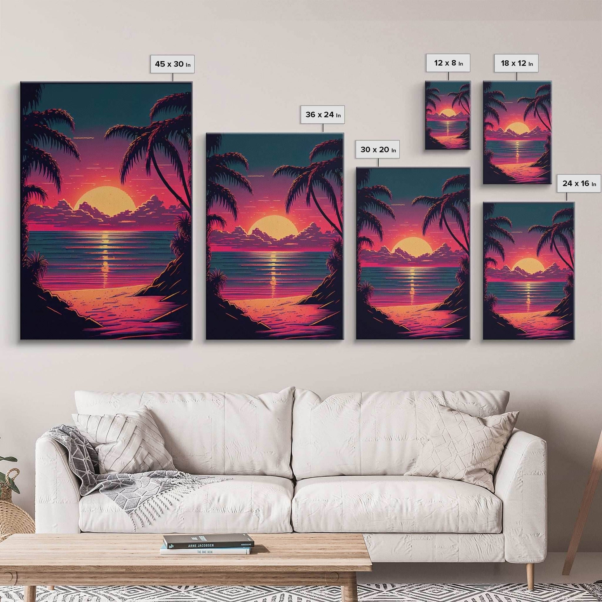 8 bit pixel art sunset, synthwave style palm tree beach, framed canvas print, framed wall art painting - 8x12 Inches / Gallery Wrap Canvas - Ready To Hang