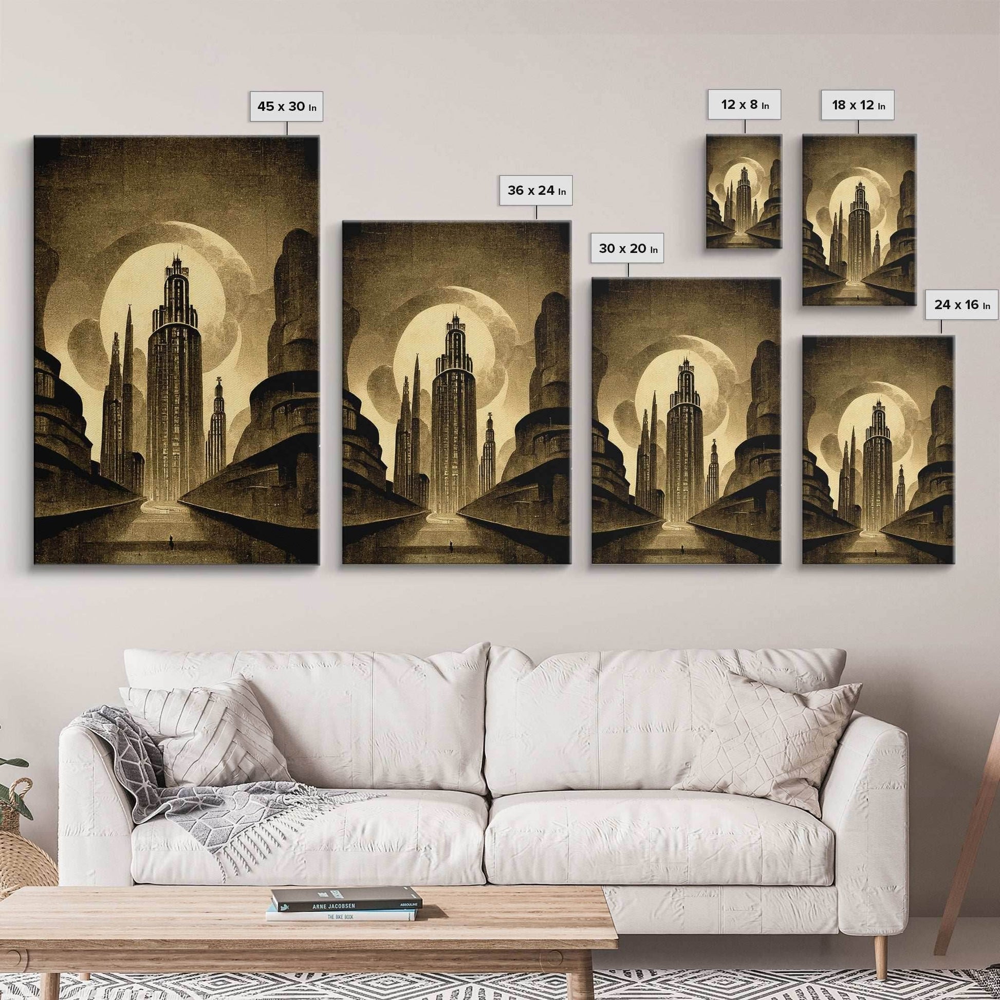 Dystopian Metropolis Art Deco Canvas Print, City Skyline, Fantasy Art, Art Deco Living Room Art, ready to hang wall art - 8x12 Inches / Gallery Wrap Canvas - Ready To Hang