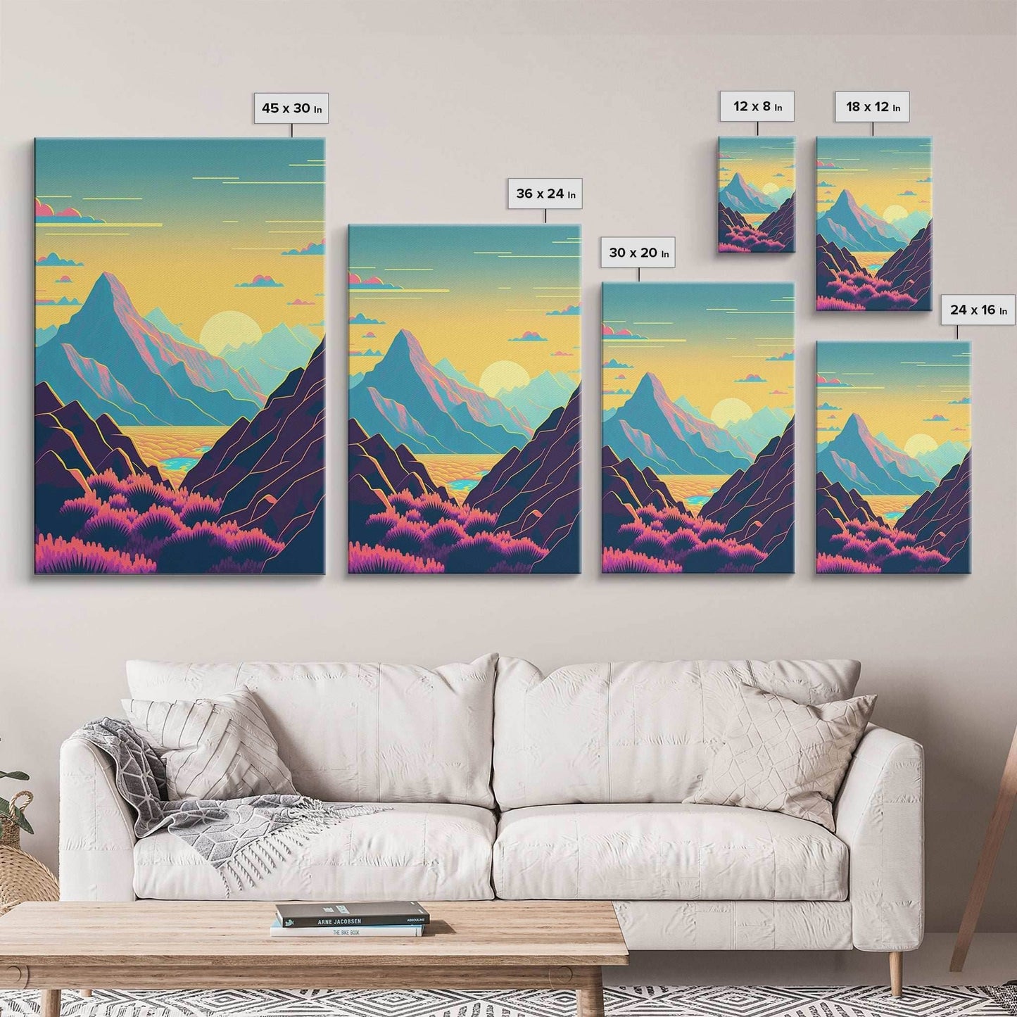 Peach Sunset, Fantasy Mountain Landscape Art, Framed Canvas Print, Minimalist Art Deco Inspired Wall Art - 8x12 Inches / Gallery Wrap Canvas - Ready To Hang