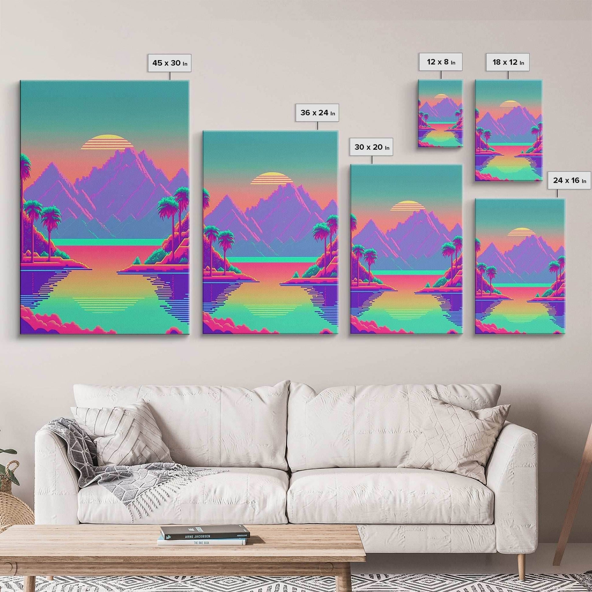 Retro Vaporwave Aesthetic Pixel Art Sunset, Turquoise and Pink Fantasy Landscape Art, Gamer Decor, Game Room Art - 8x12 Inches / Gallery Wrap Canvas - Ready To Hang