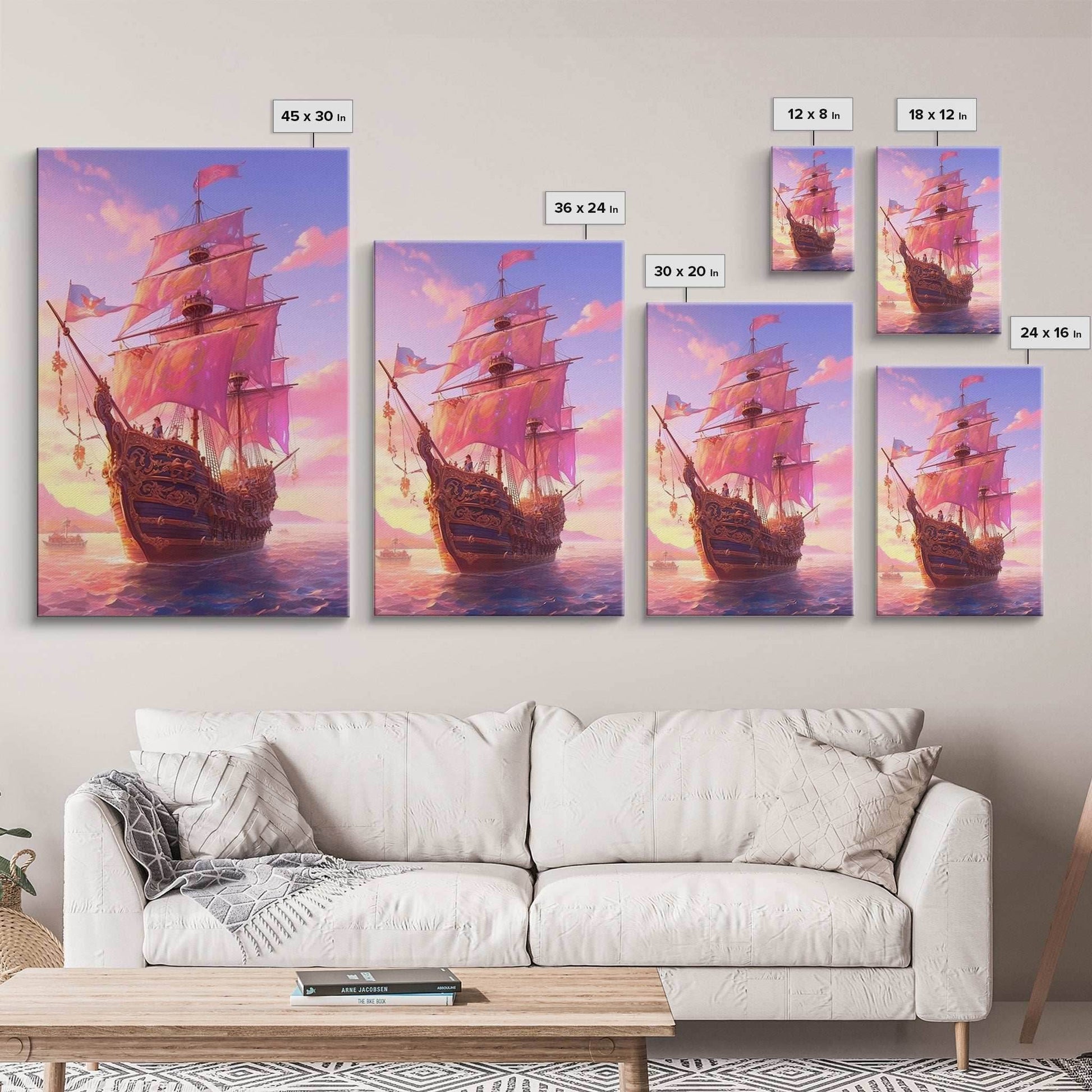 Gothic Pirate Ship at Sunset, Framed Canvas Print, Fantasy Wall Art, Wall Decor, Pirate Wal Art, Gift For Him, Kid's Room Art - 8x12 Inches / Gallery Wrap Canvas - Ready To Hang