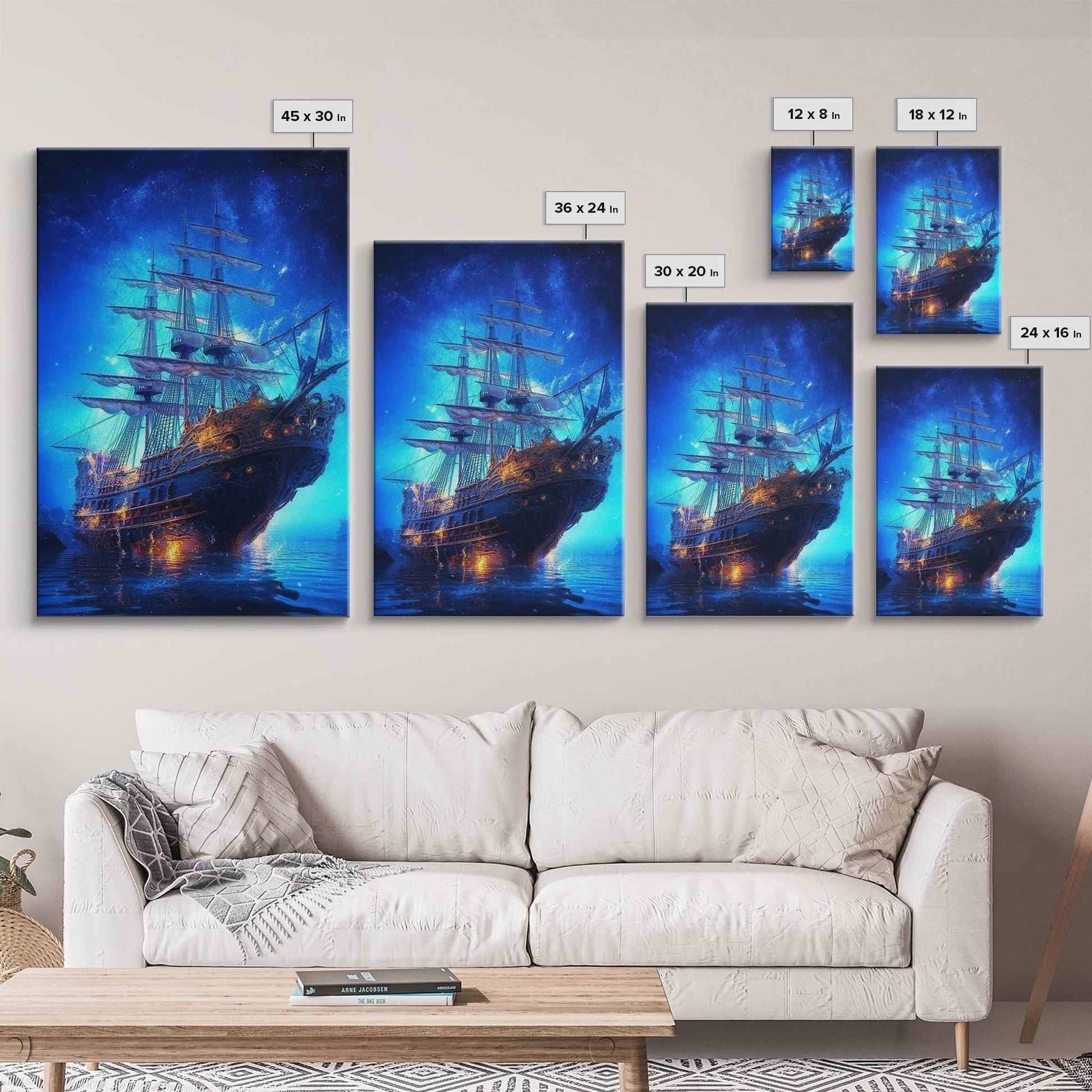 Haunted Pirate Ghost Ship Under The Night Sky, Framed Canvas Print, Fantasy Wall Art, Wall Decor, Pirate Wal Art, Gift For Him, Kid's Room - 8x12 Inches / Gallery Wrap Canvas - Ready To Hang