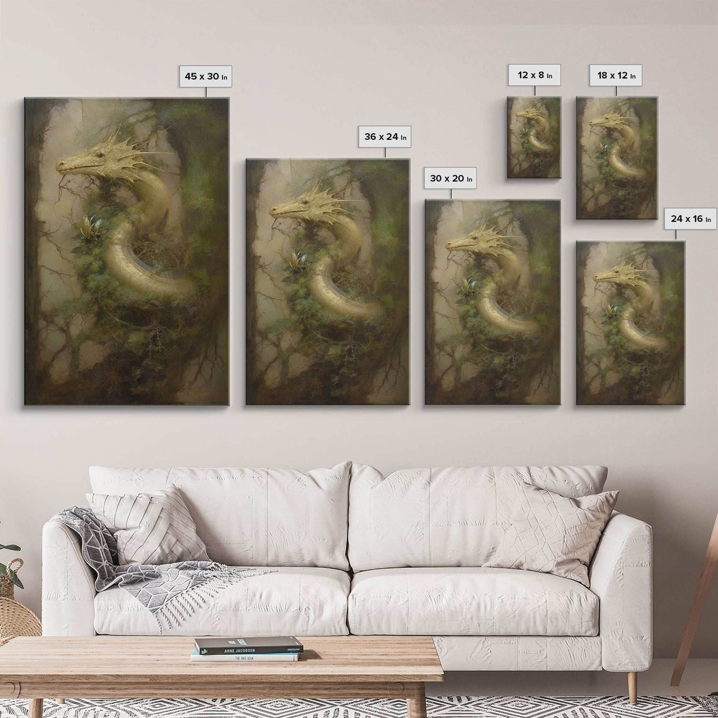 Majestic Green Dragon Wall Art, Framed Canvas Print, Dragon Fantasy Painting, Garden Dragon Abstract Fantasy Art - 8x12 Inches / Gallery Wrap Canvas - Ready To Hang